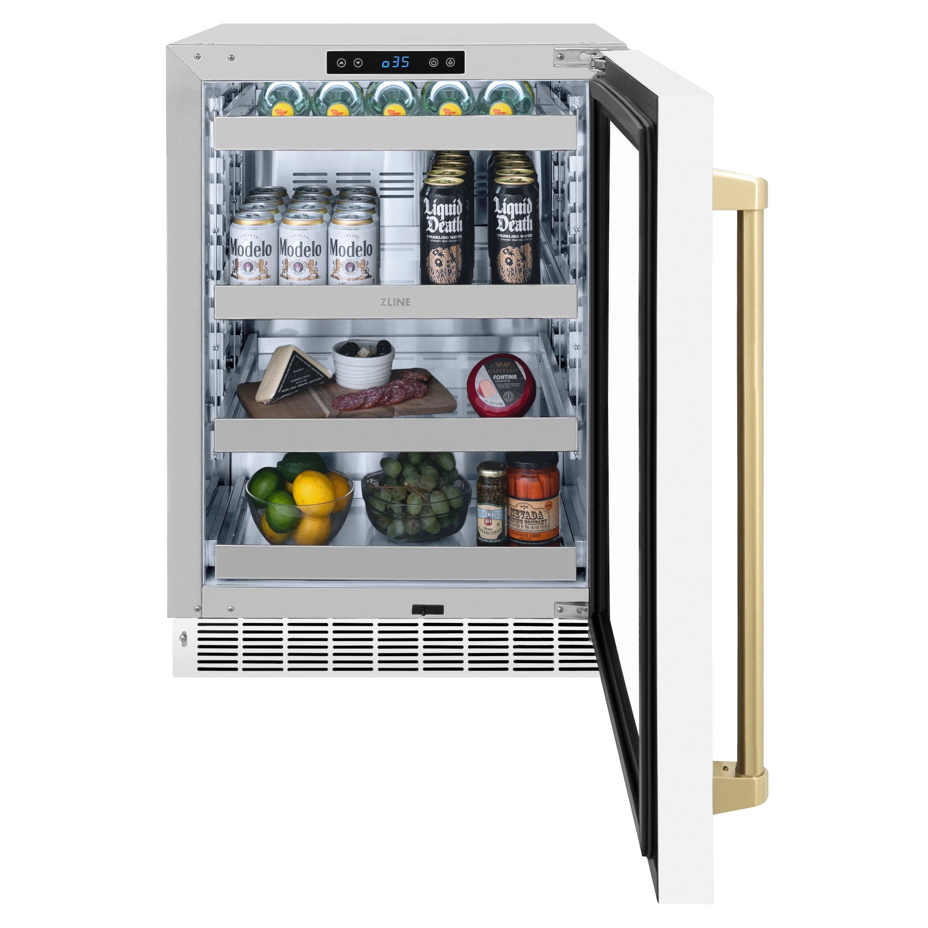 Built-in beverage fridge with open door, black frame, gold handle, and drinks inside