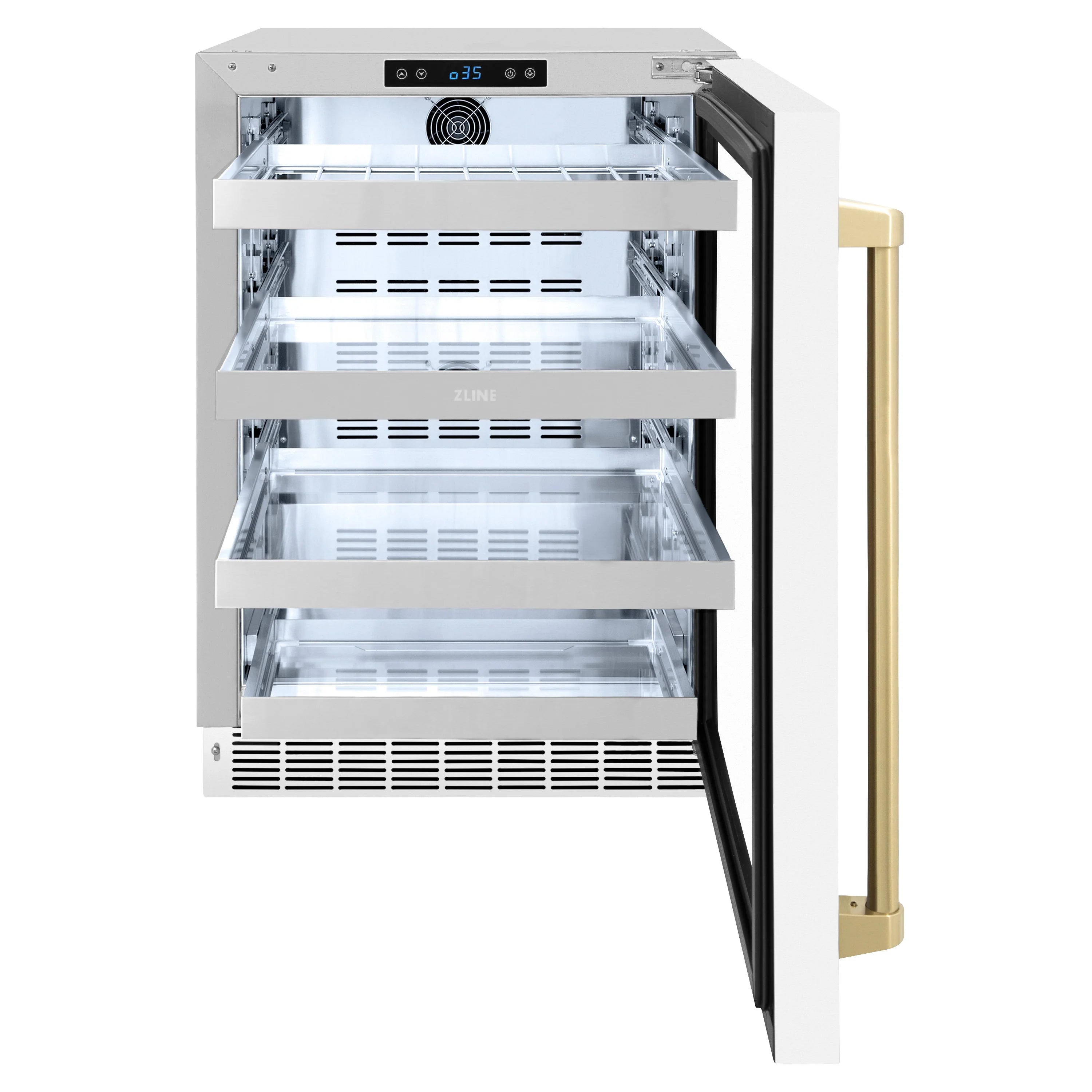 White wine cooler with open dual-zone racks and black frame; champagne bronze handle