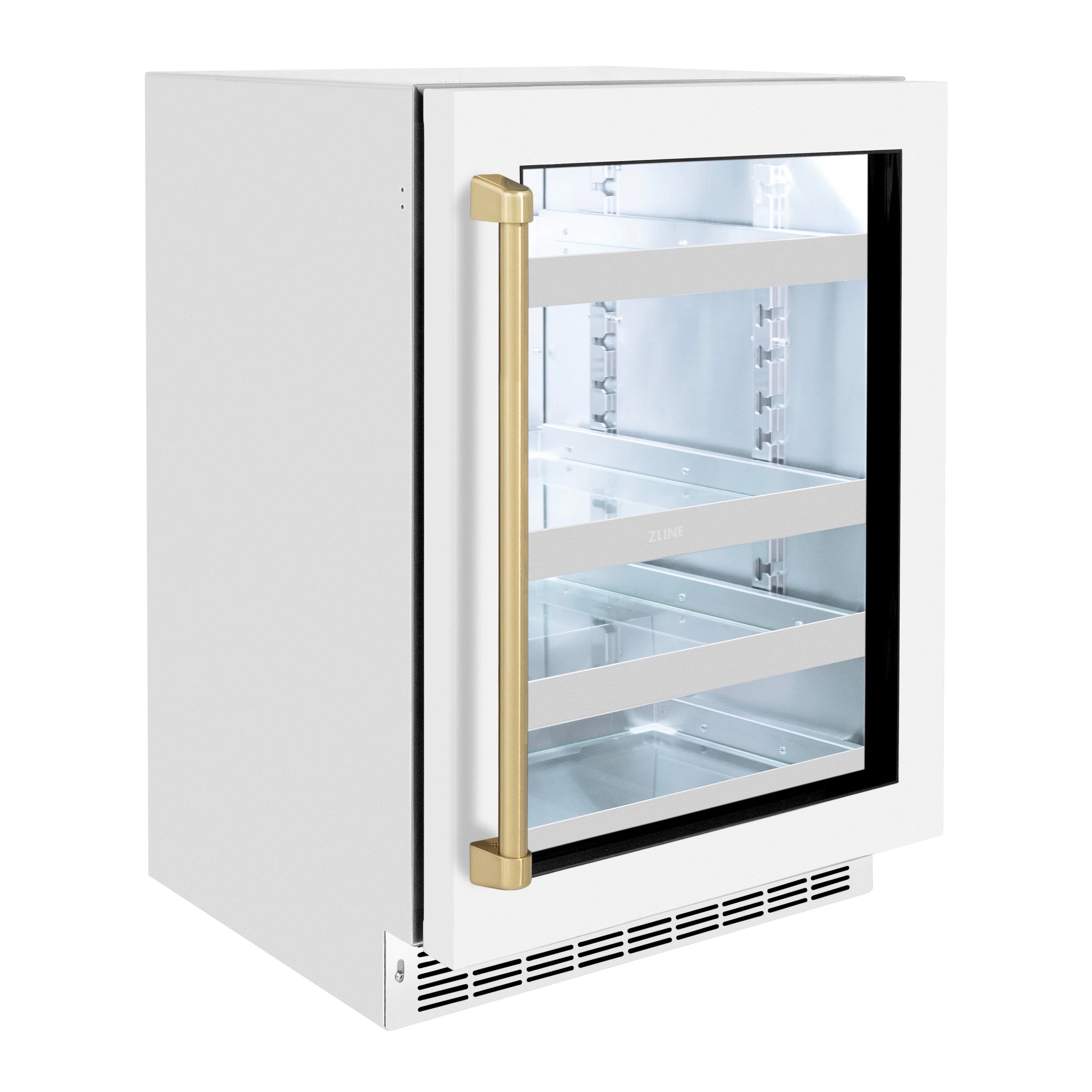 Wine cooler front with white matte glass door and champagne bronze handle