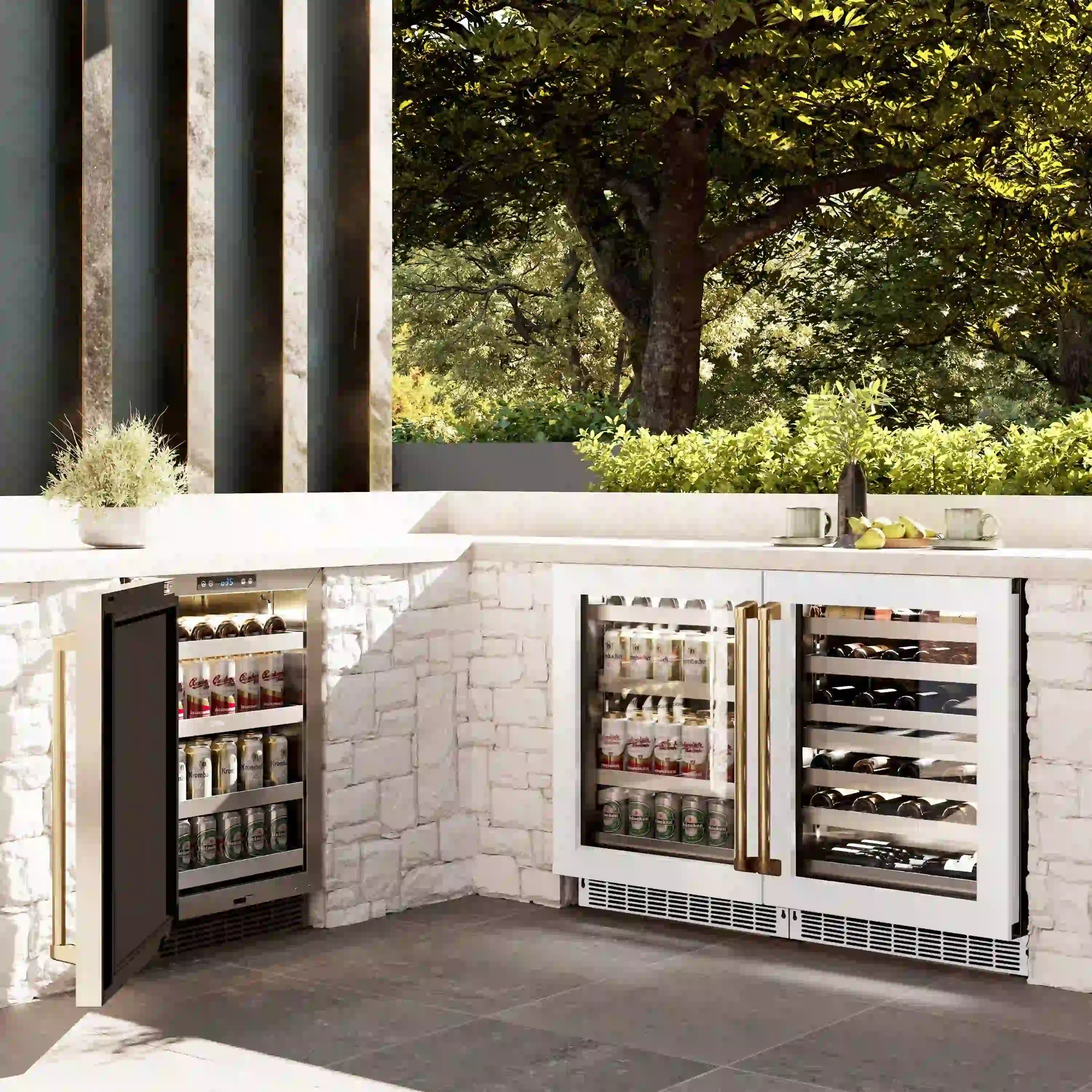 Built-in dual zone wine cooler with glass doors and polished gold handles, front view