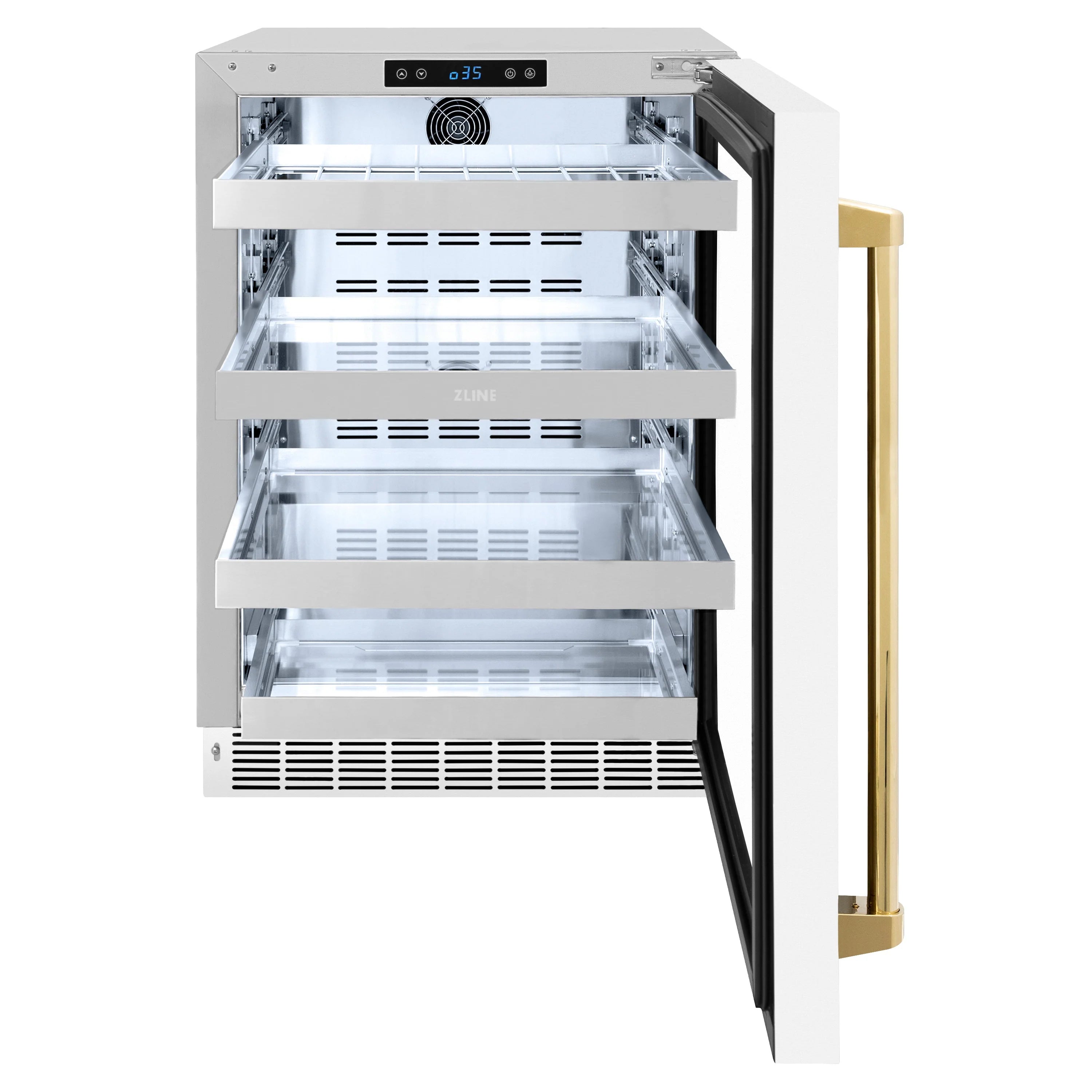 24-inch beverage refrigerator, white matte glass door, polished gold handle, open shelves