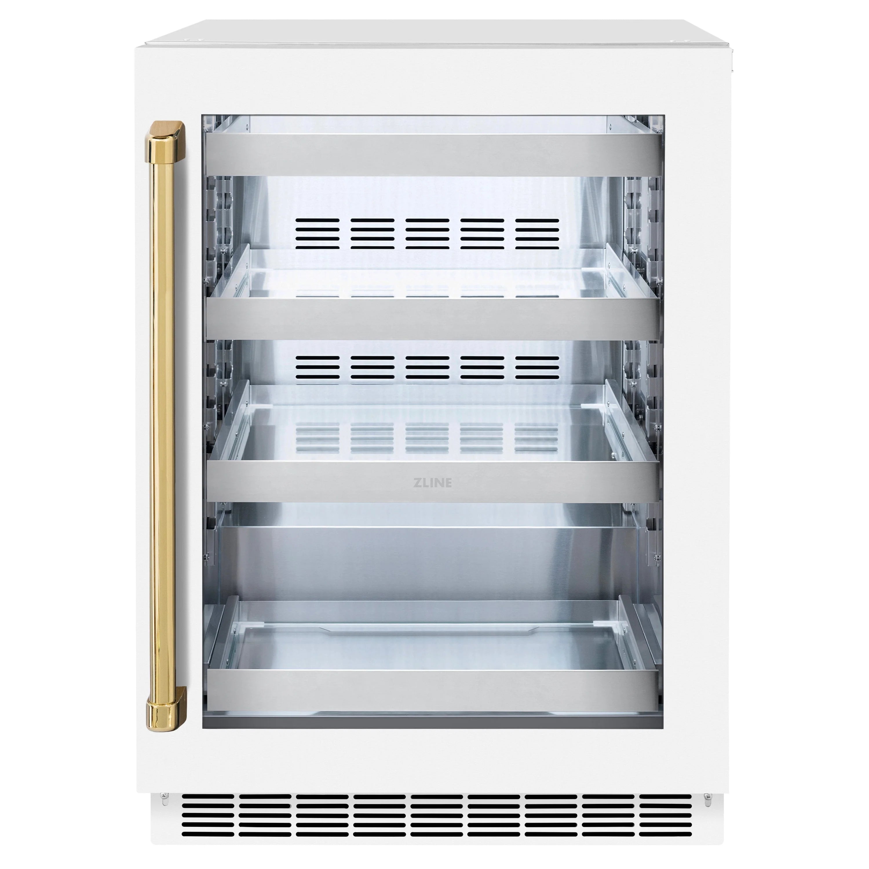 24-inch beverage fridge with open door, empty white interior shelves and vent grilles