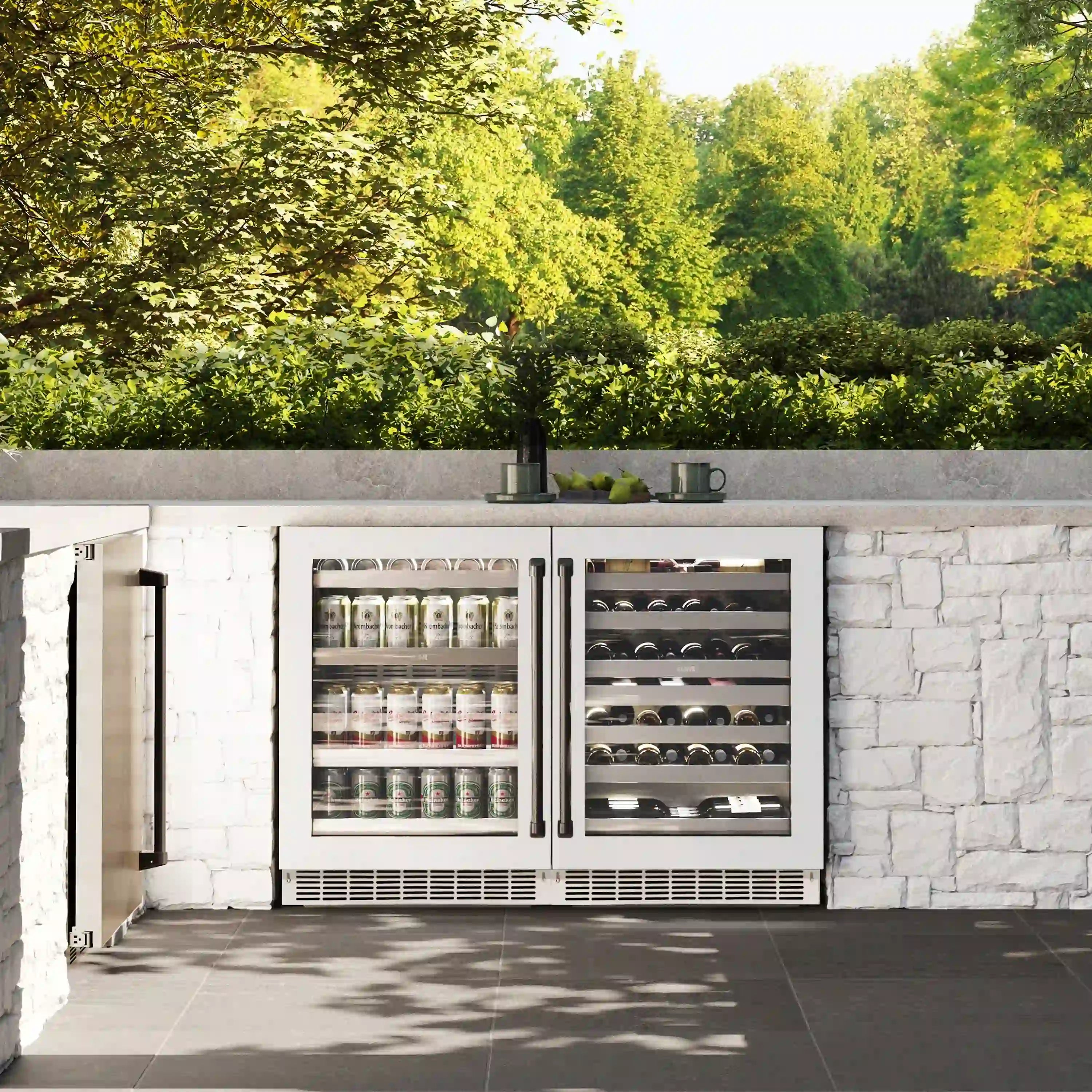 Built-in dual-zone wine cooler with two glass doors and bottle storage shelves