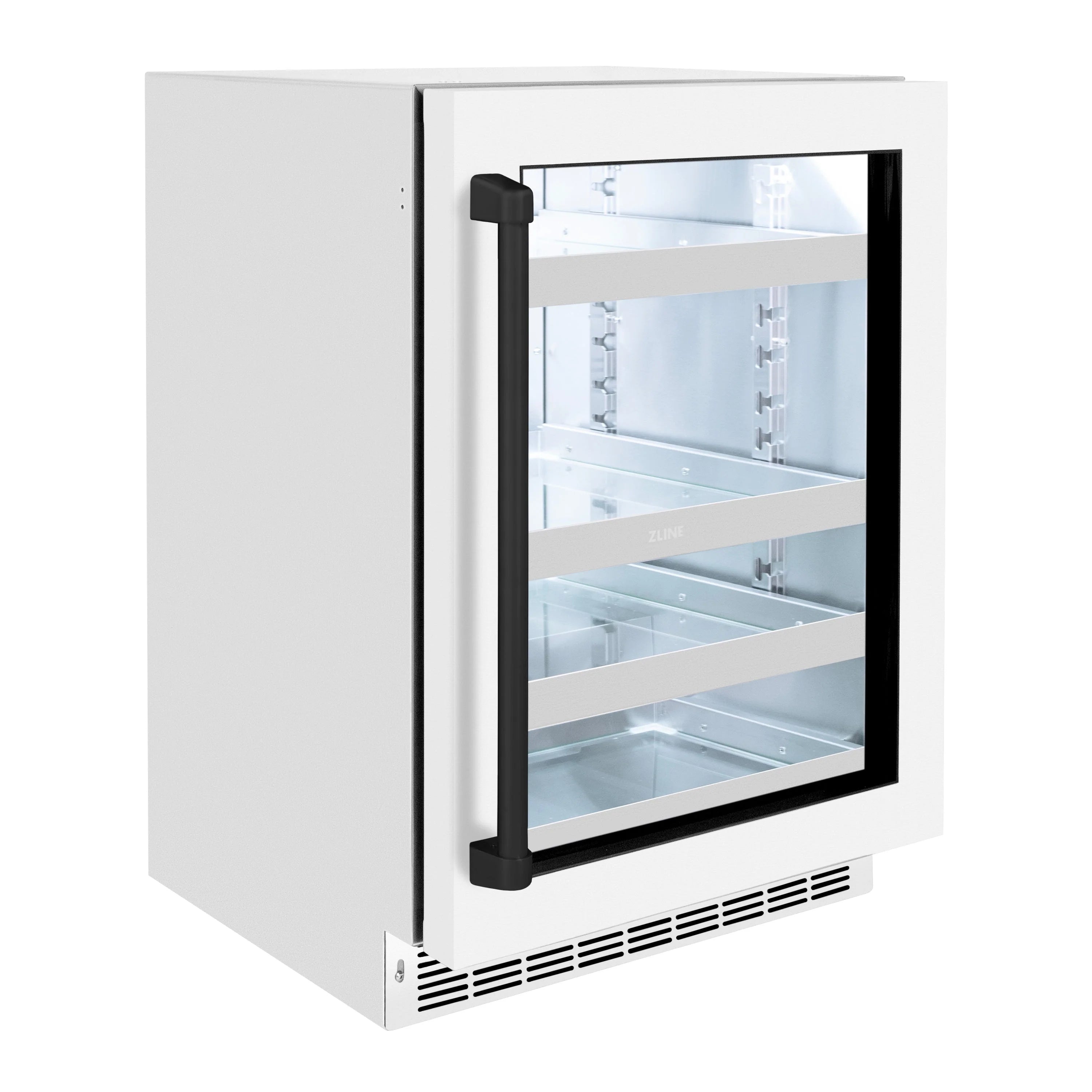 White beverage fridge with matte glass door and black handle, cabinet closed.