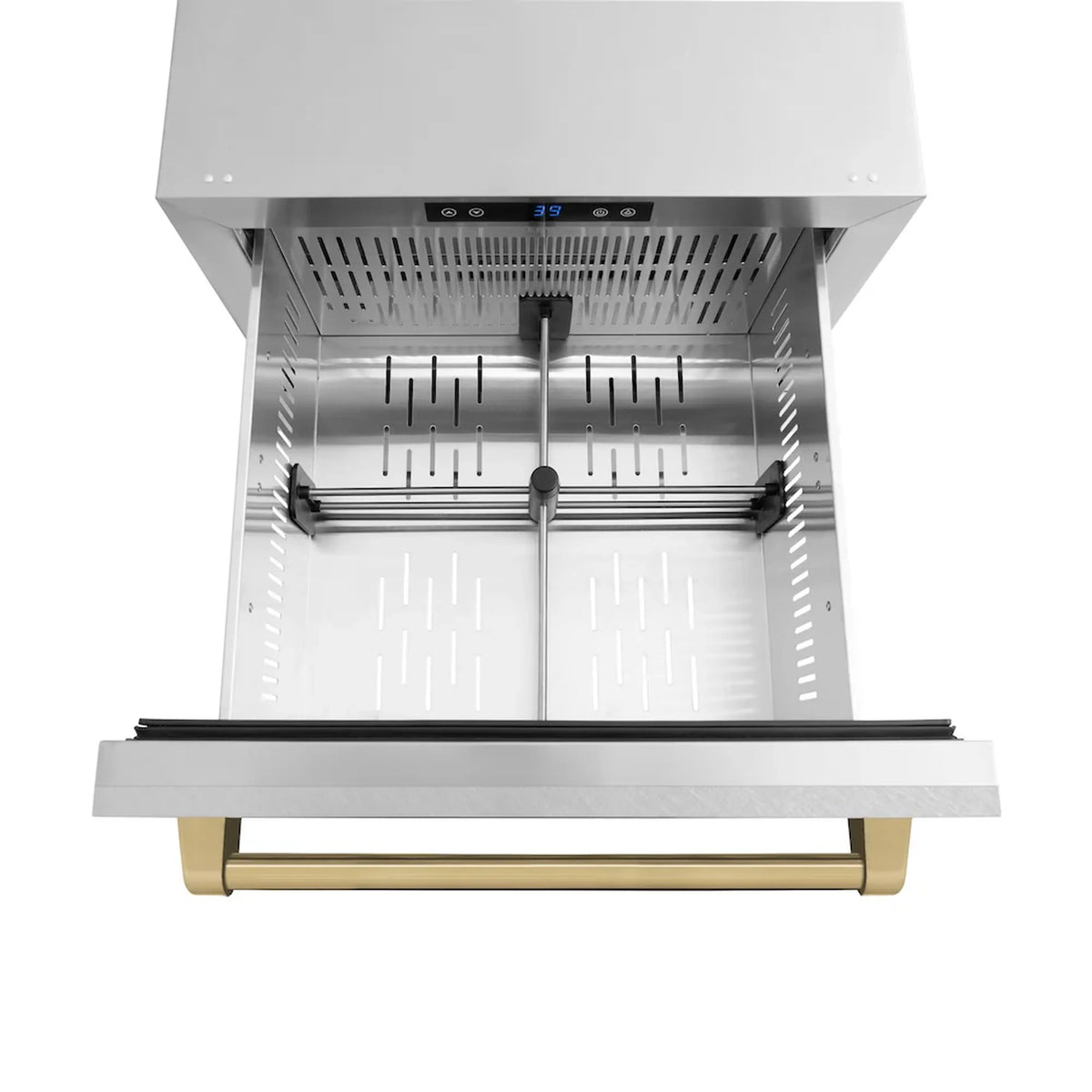 Open refrigerator drawer with interior bin rails and pull-out drawer frame