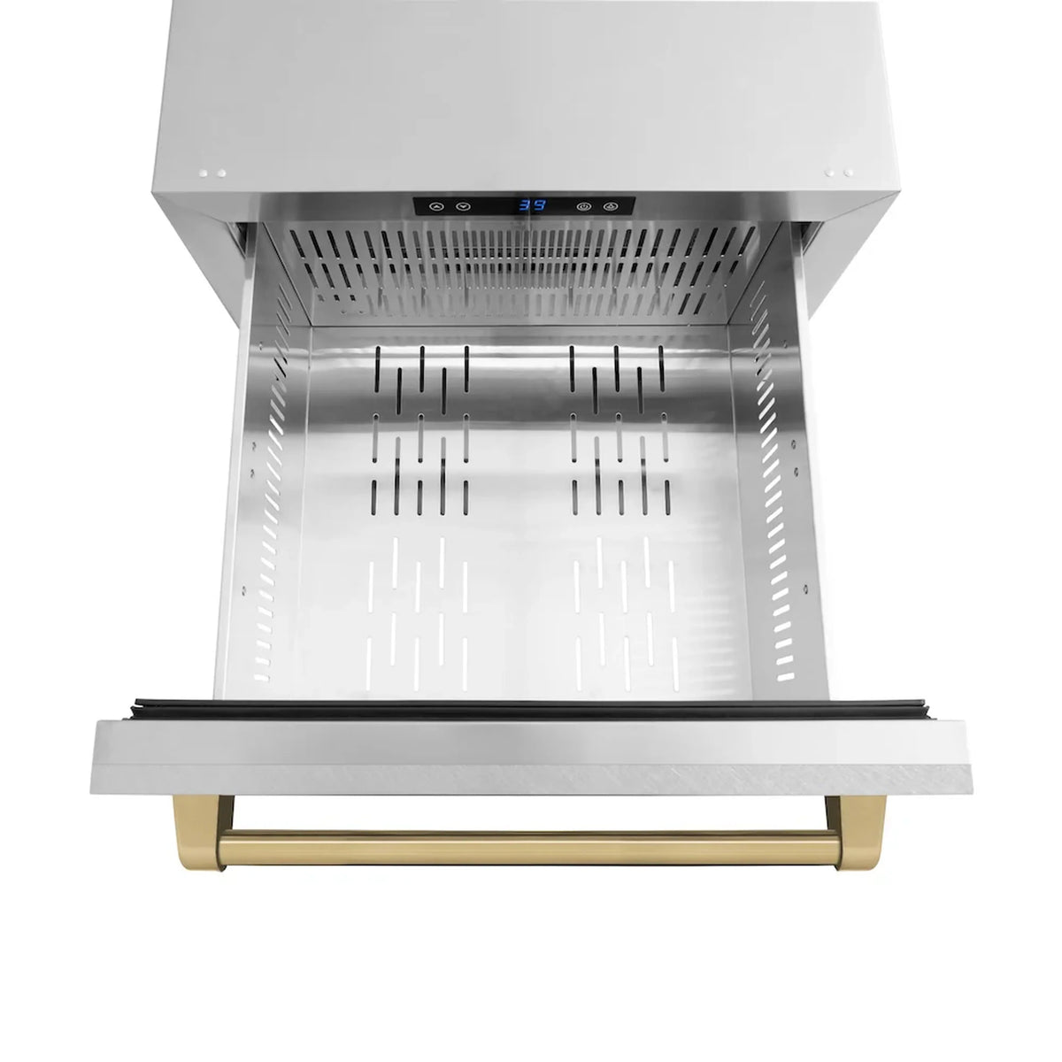 Open refrigerator drawer showing interior rails and vented base