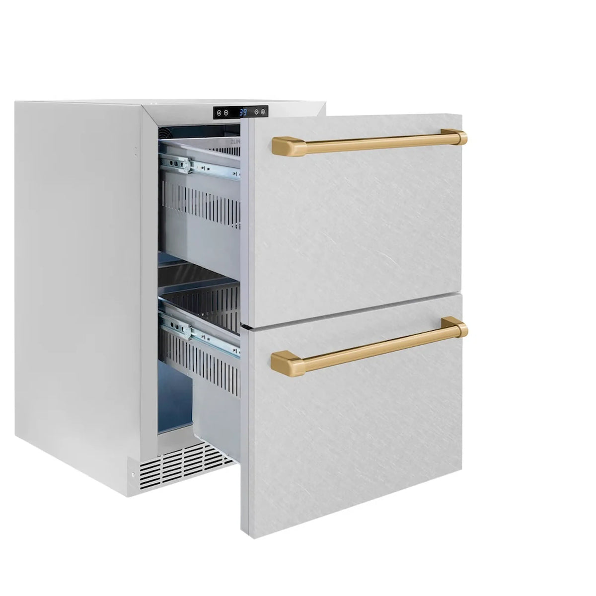 Open refrigerator drawer door with champagne bronze handles and empty interior