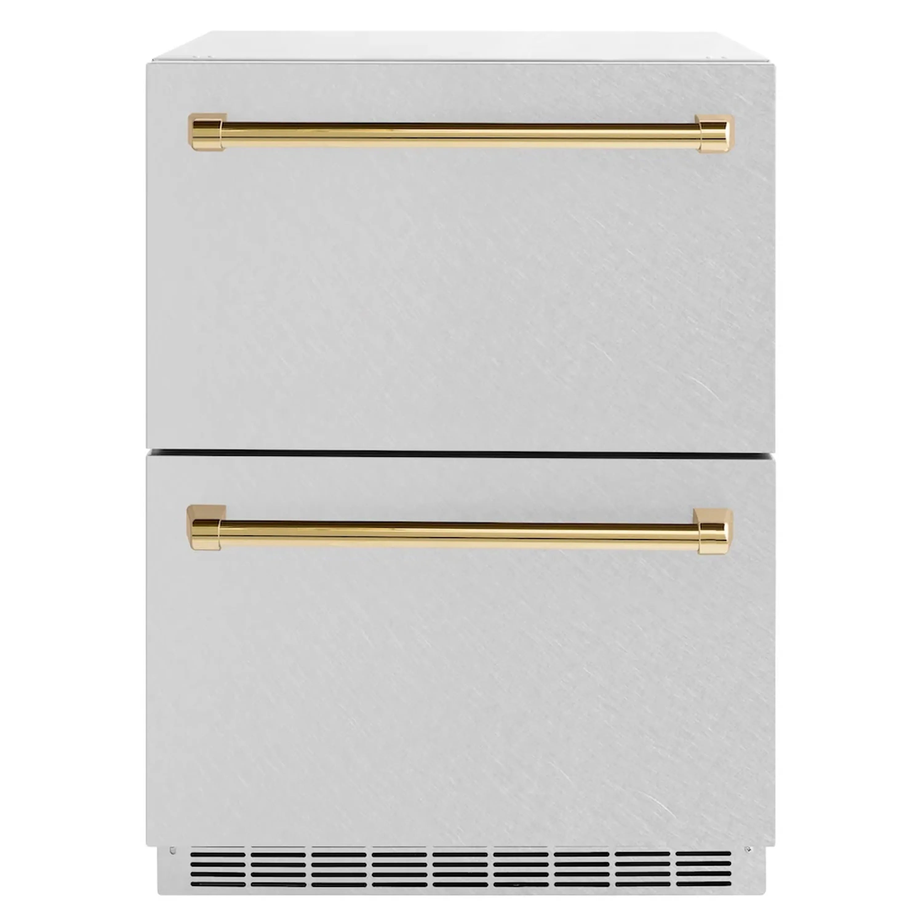 Stacked stainless refrigerator drawers with gold handles and bottom venting