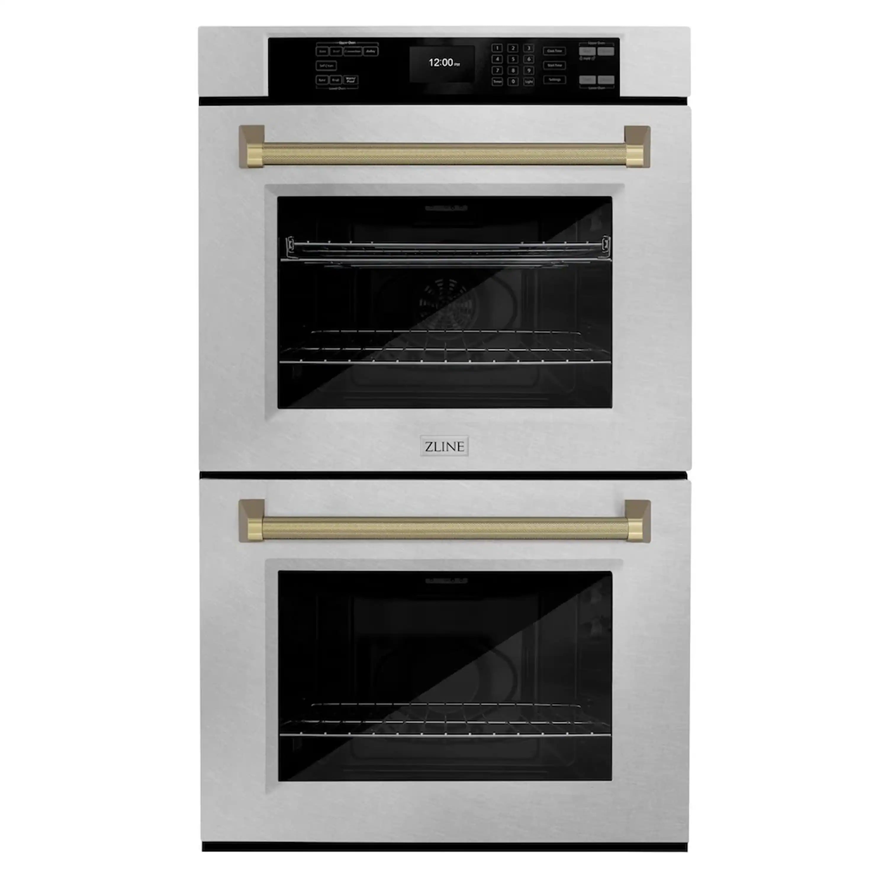 Double wall oven with two glass doors, bronze helix handles, and satin steel finish