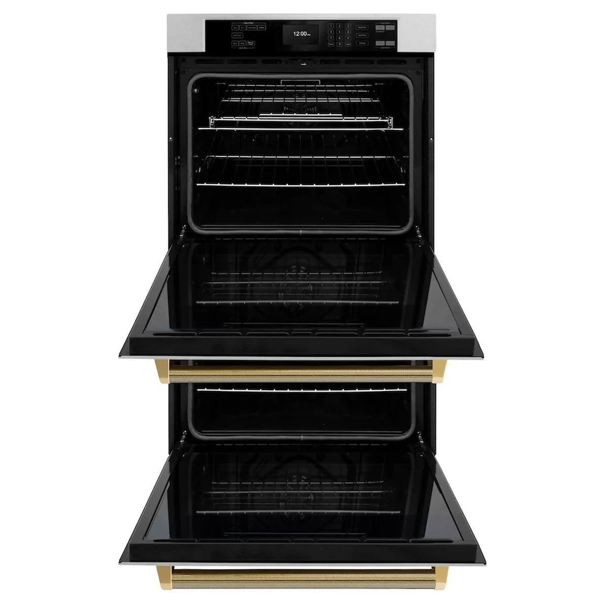 Double wall oven with both doors open, black glass interiors, and gold bar handles