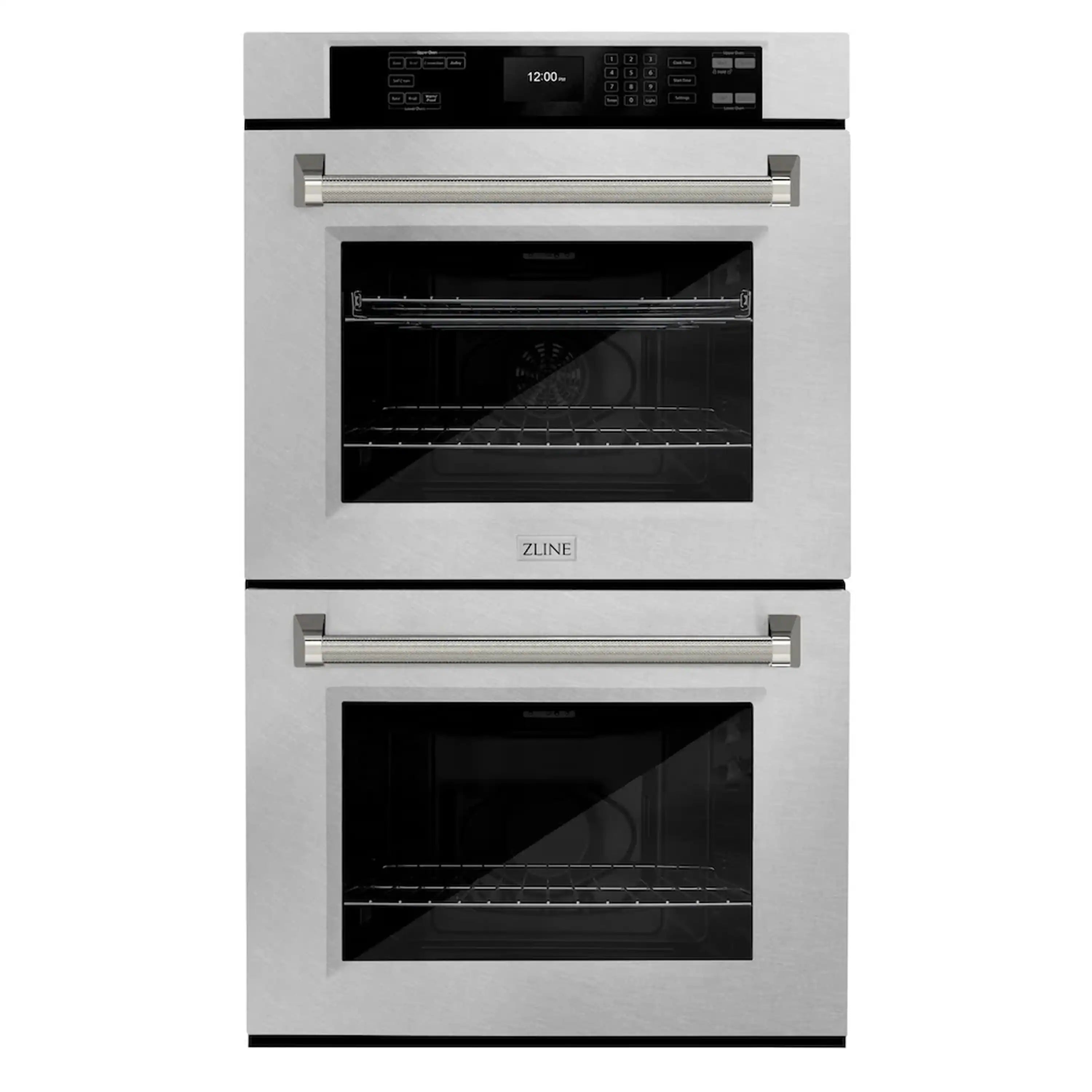 Double wall oven in satin steel with dual doors and metal handle bars