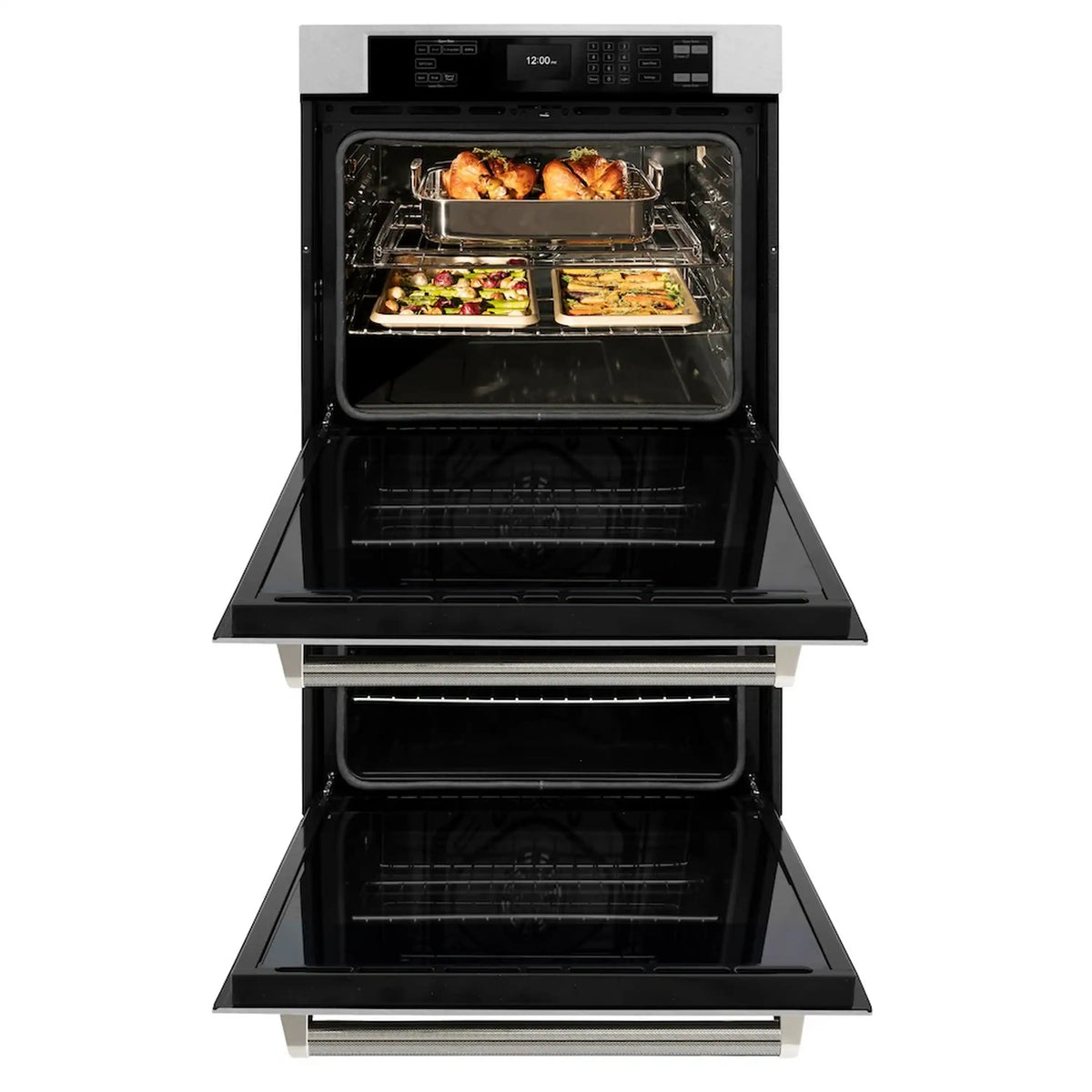 Double wall oven with upper and lower doors open, showing racks and interiors