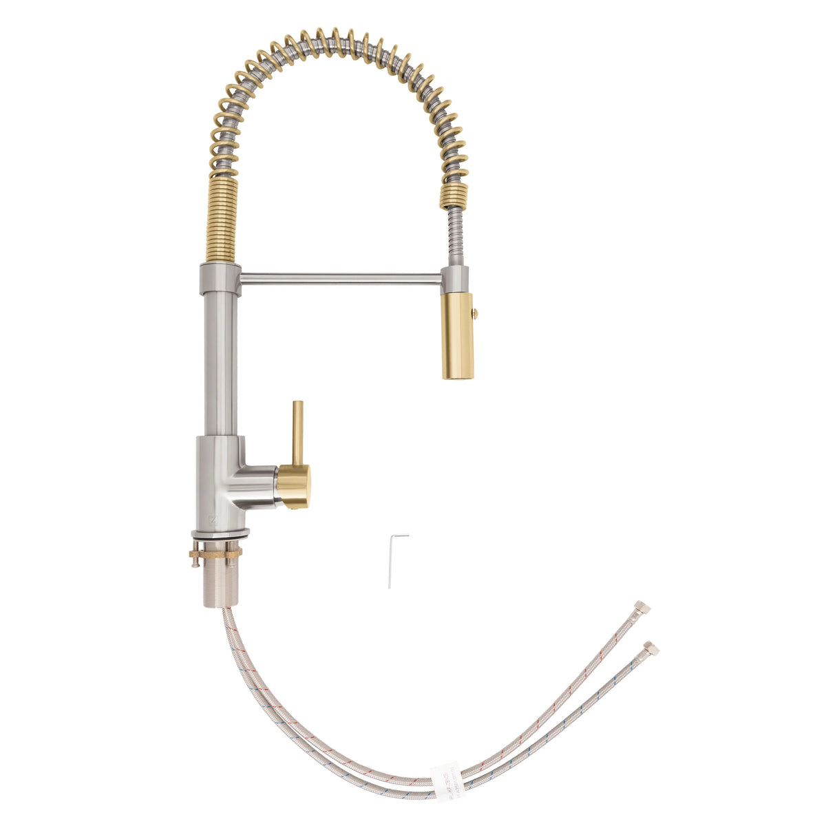 Brushed nickel faucet with champagne bronze handle and coiled pull-down hose
