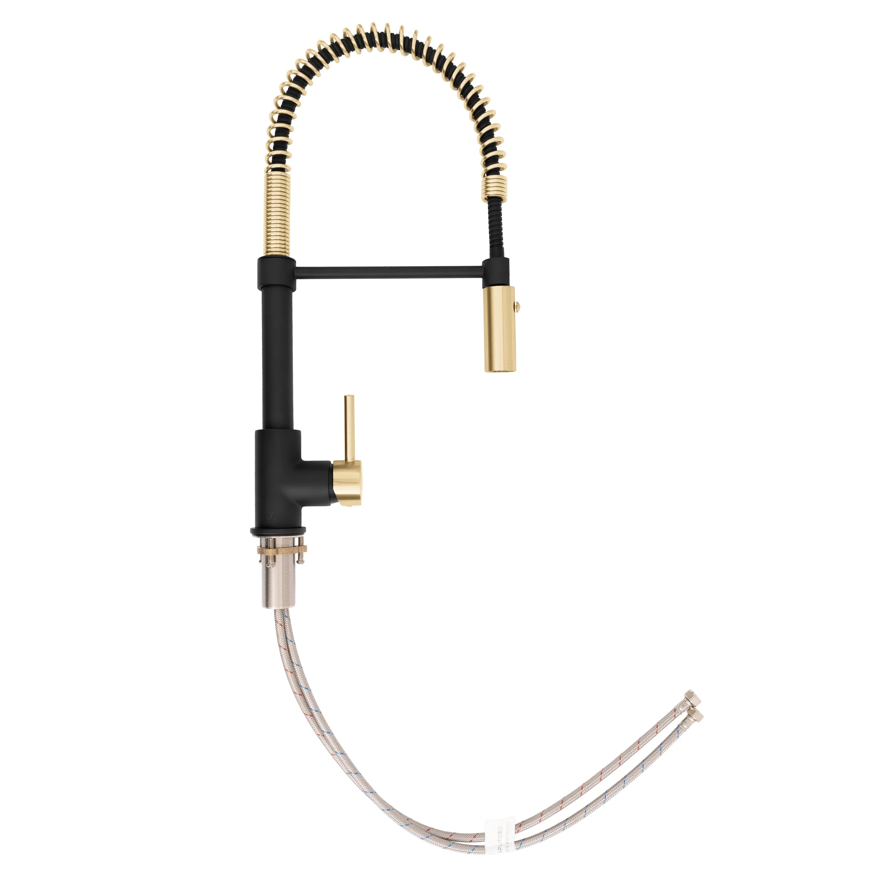 Matte black kitchen faucet base with champagne bronze pull-down sprayer and coiled hose