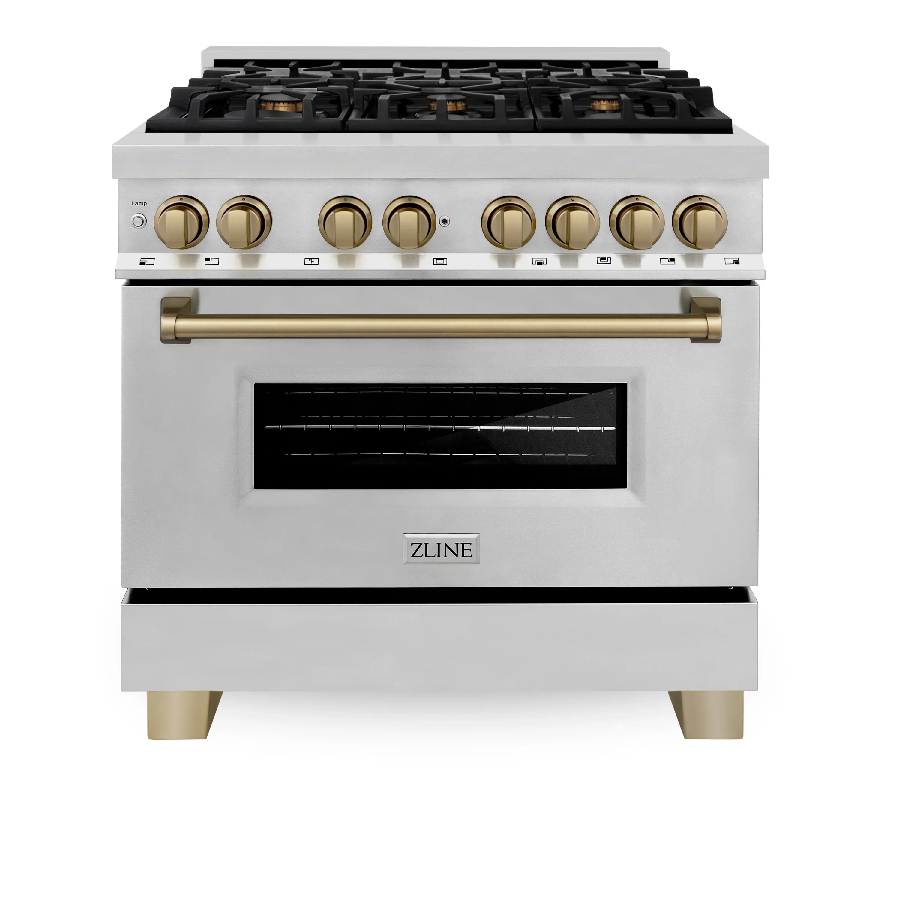 Stainless dual fuel range with black grates, champagne bronze control knobs