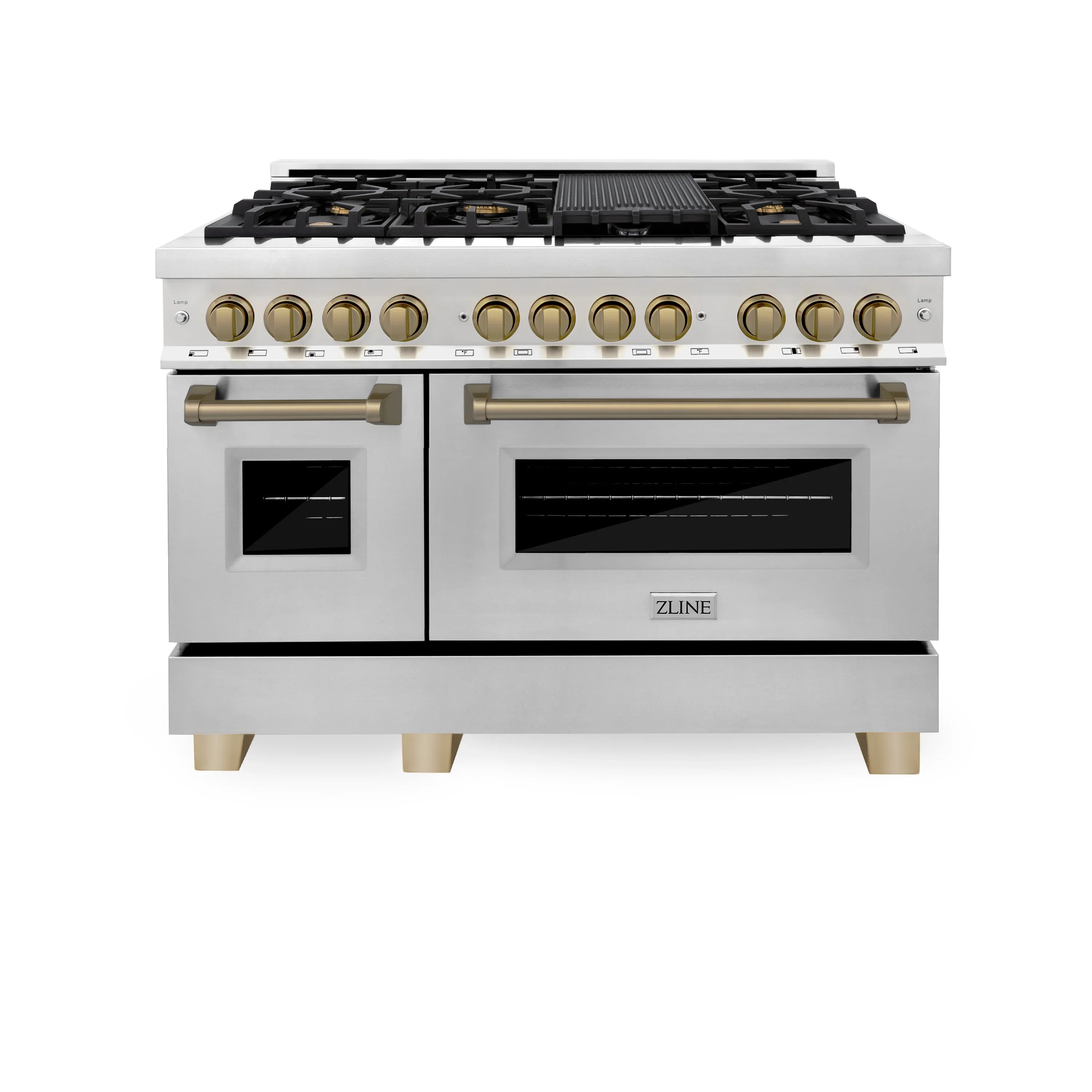 Dual fuel range with gas burner grates, dual ovens, champagne bronze control knobs