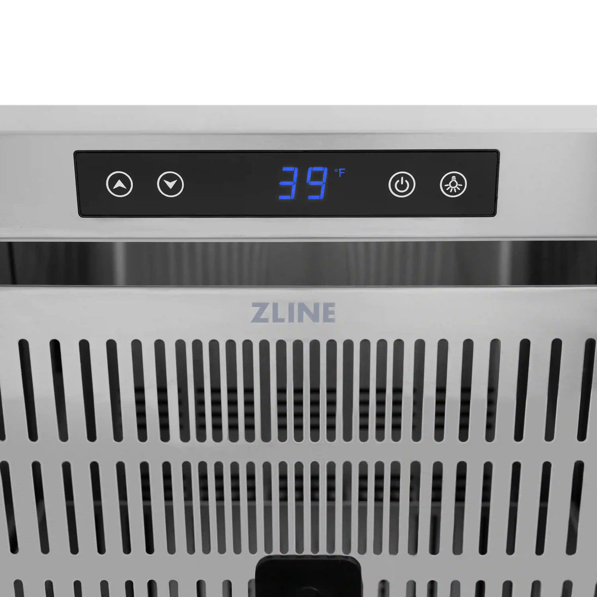 ZLINE outdoor refrigerator drawer control panel with blue 39°F display and vent grille.