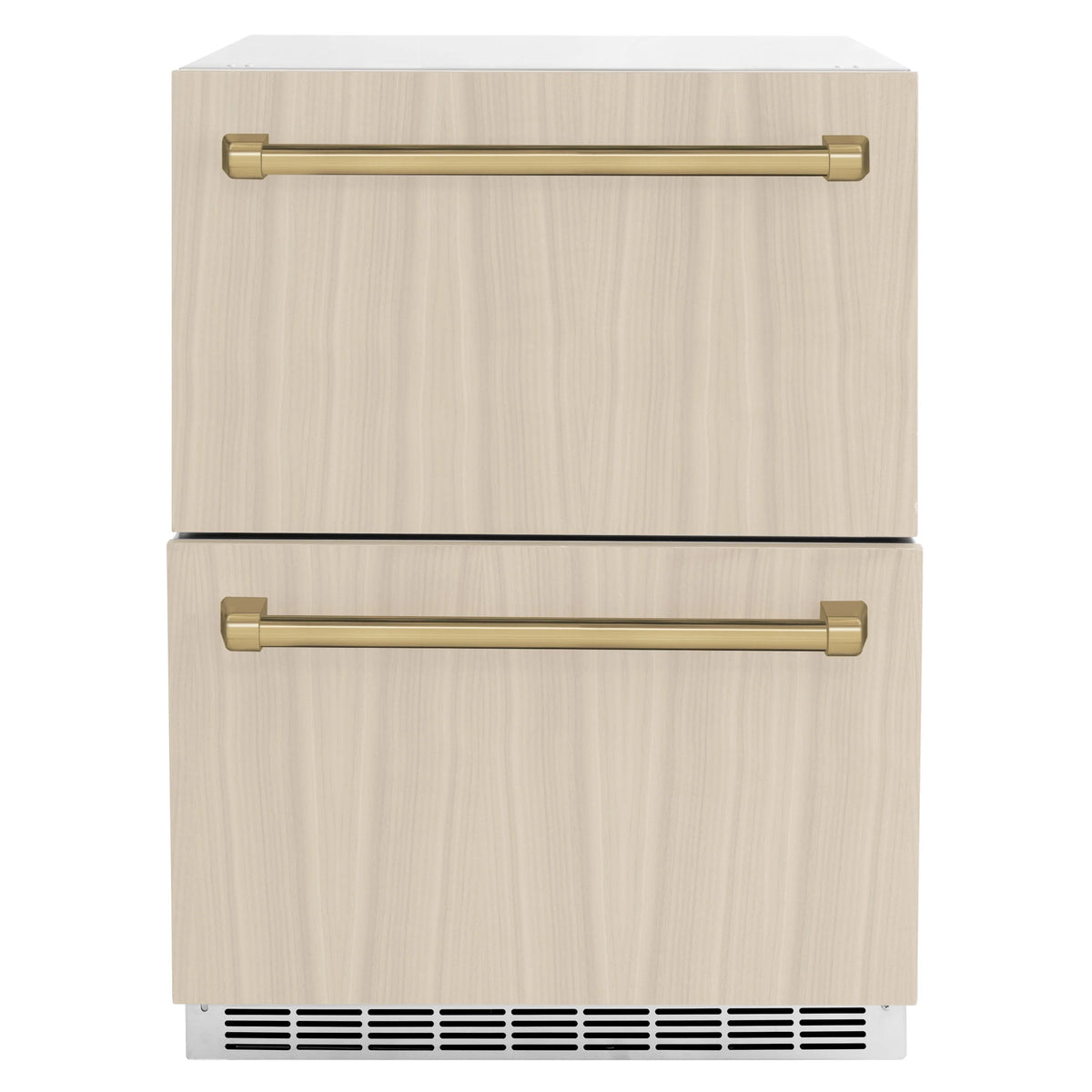 Panel-ready outdoor refrigerator drawer with two light wood doors and gold bar handles