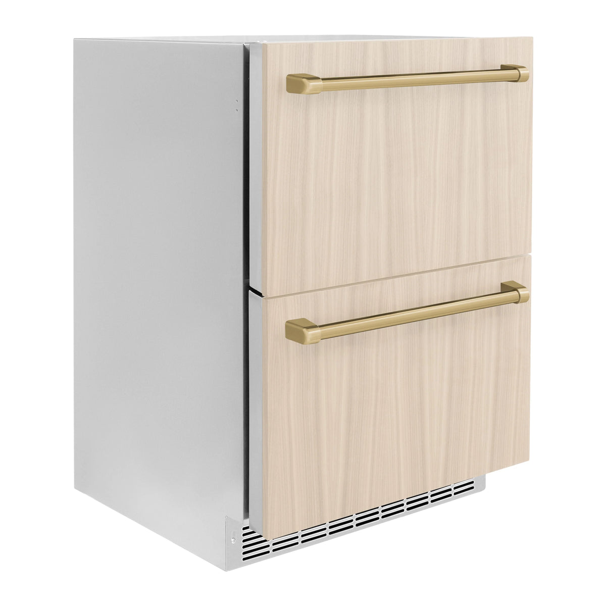 Outdoor refrigerator drawer with two light wood doors and gold bar handles, front corner view