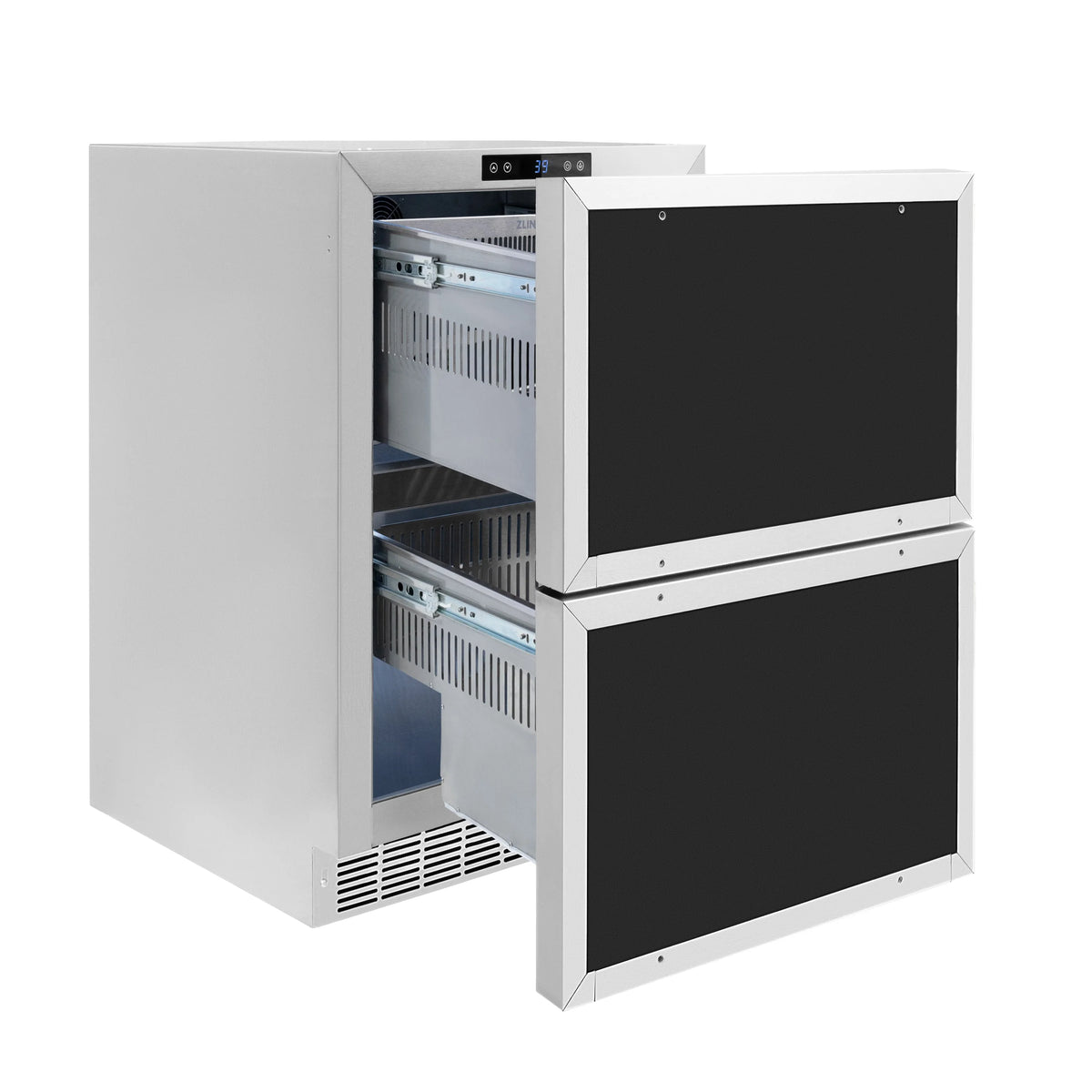 Outdoor refrigerator drawer open with panel-ready doors and interior cooling shelves