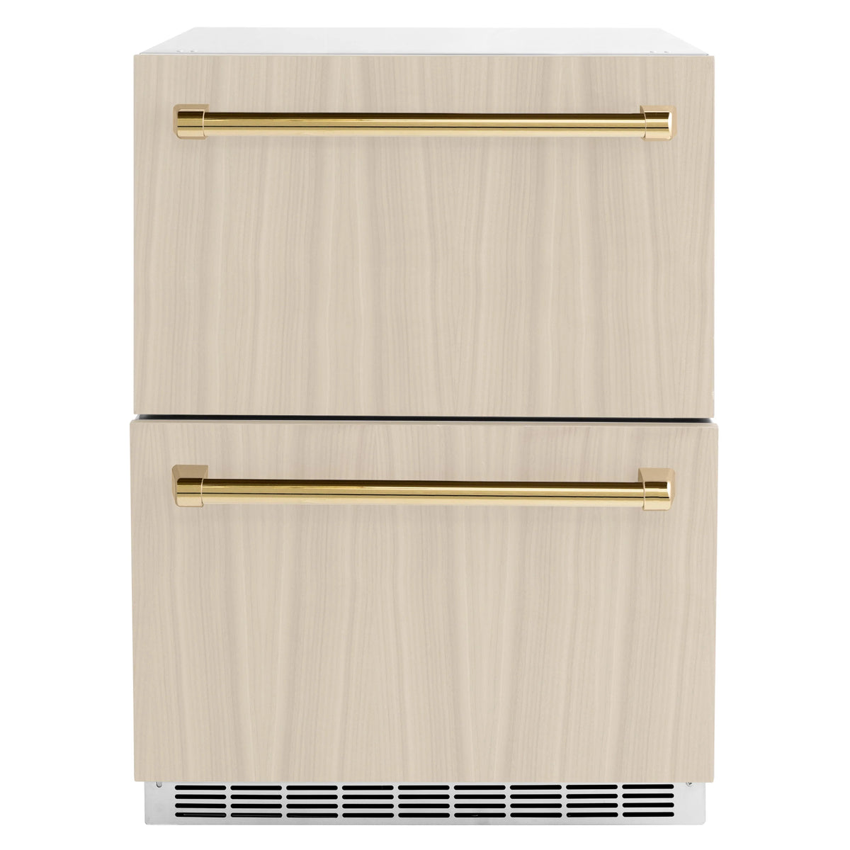 Panel-ready outdoor refrigerator drawer with light wood-style doors and polished gold bar handles