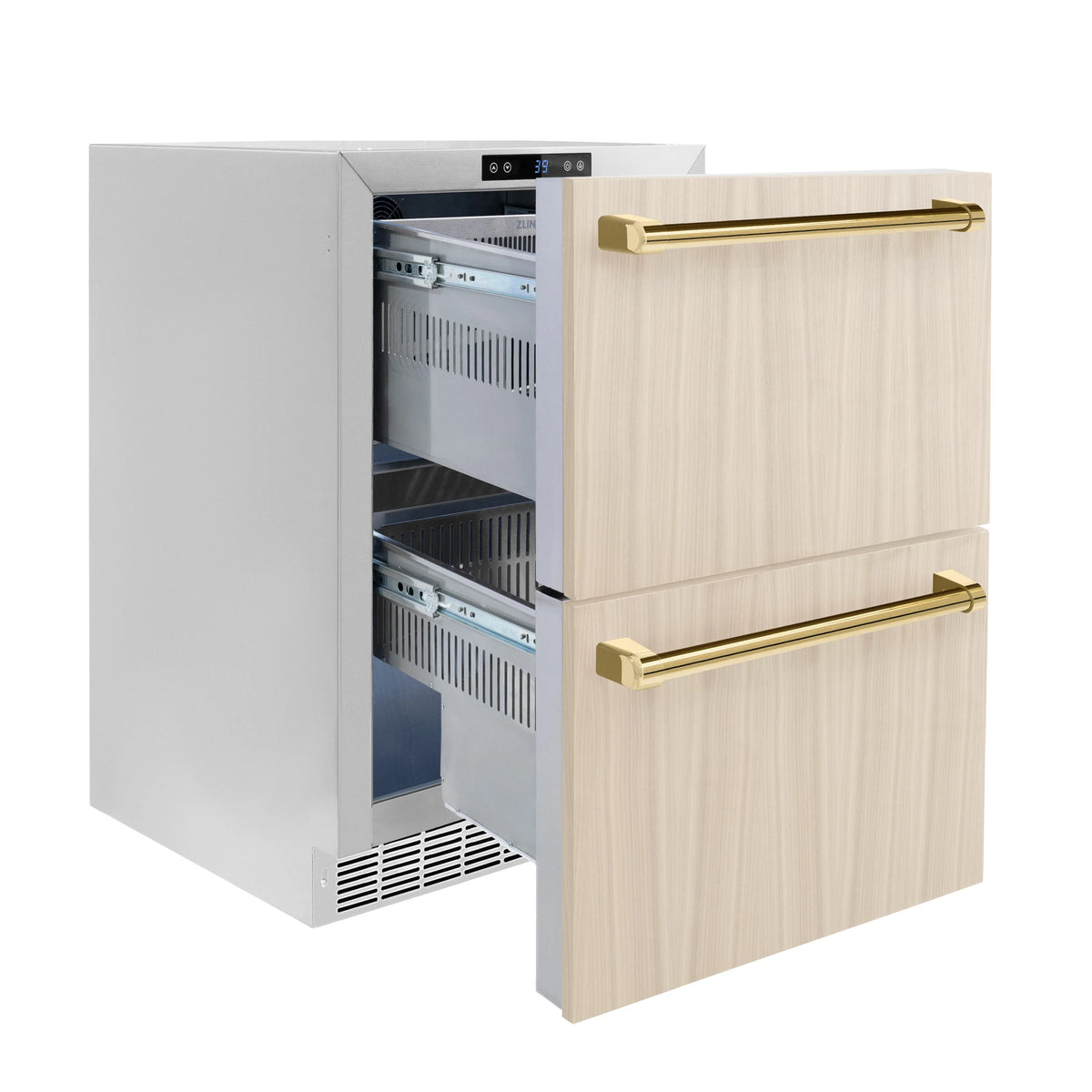 Outdoor dual refrigerator drawer with doors open, showing interior shelves and gold handle bars