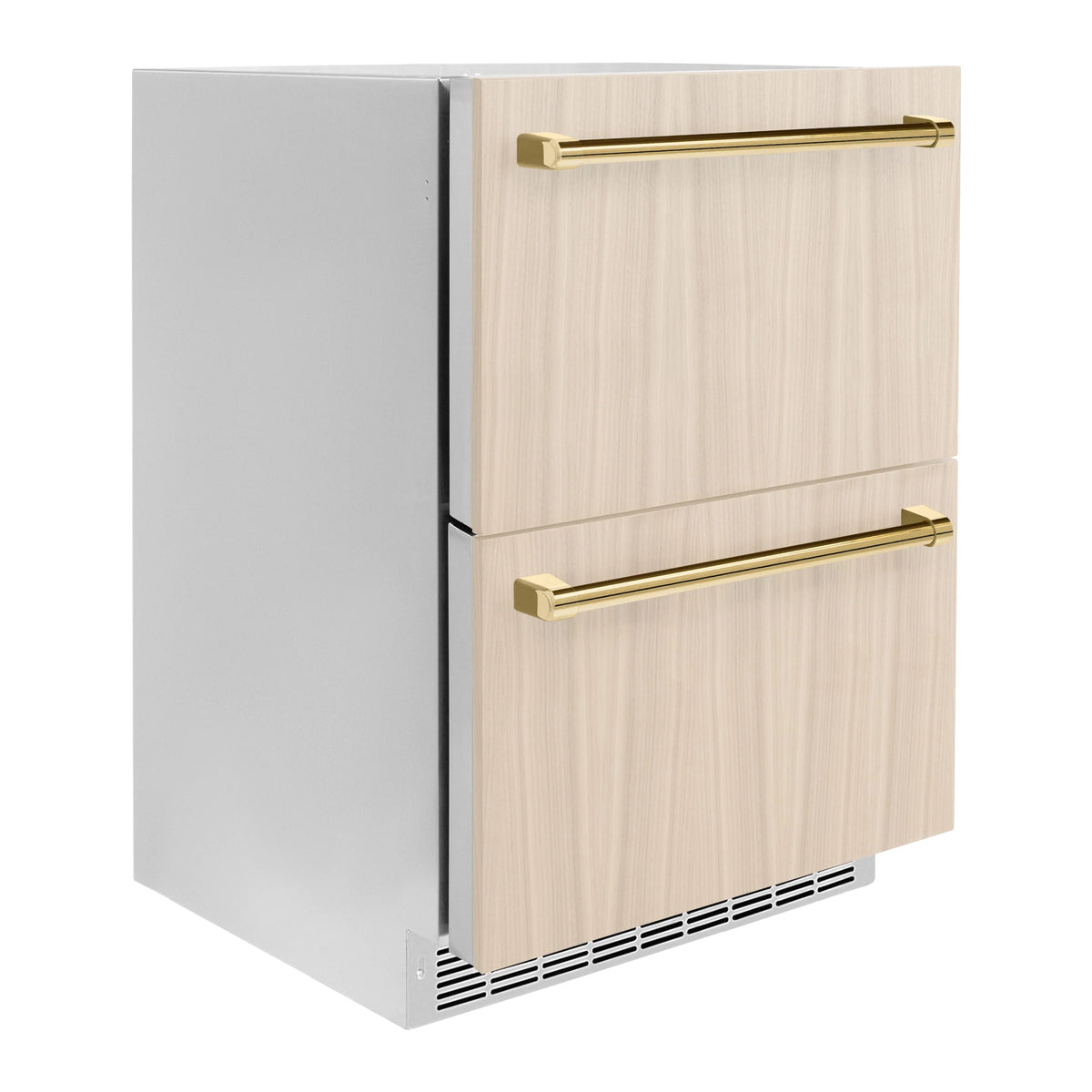 Panel-ready outdoor refrigerator drawer with light wood-style doors, gold handles, and vented base
