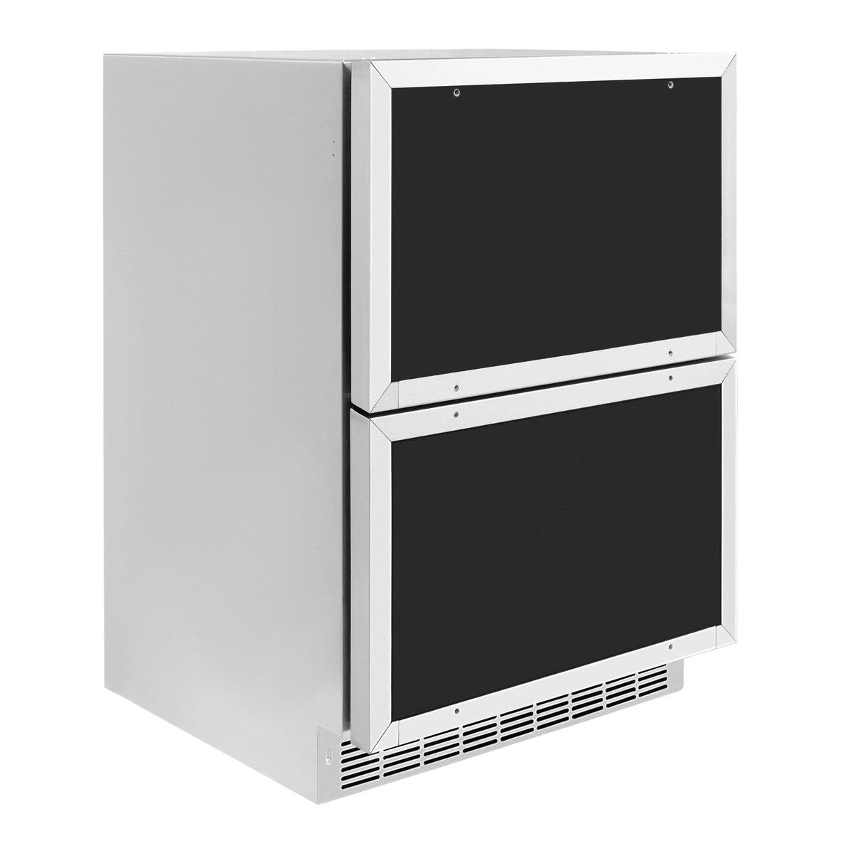 Outdoor refrigerator drawer with open front doors, showing black interior panels and vent grille