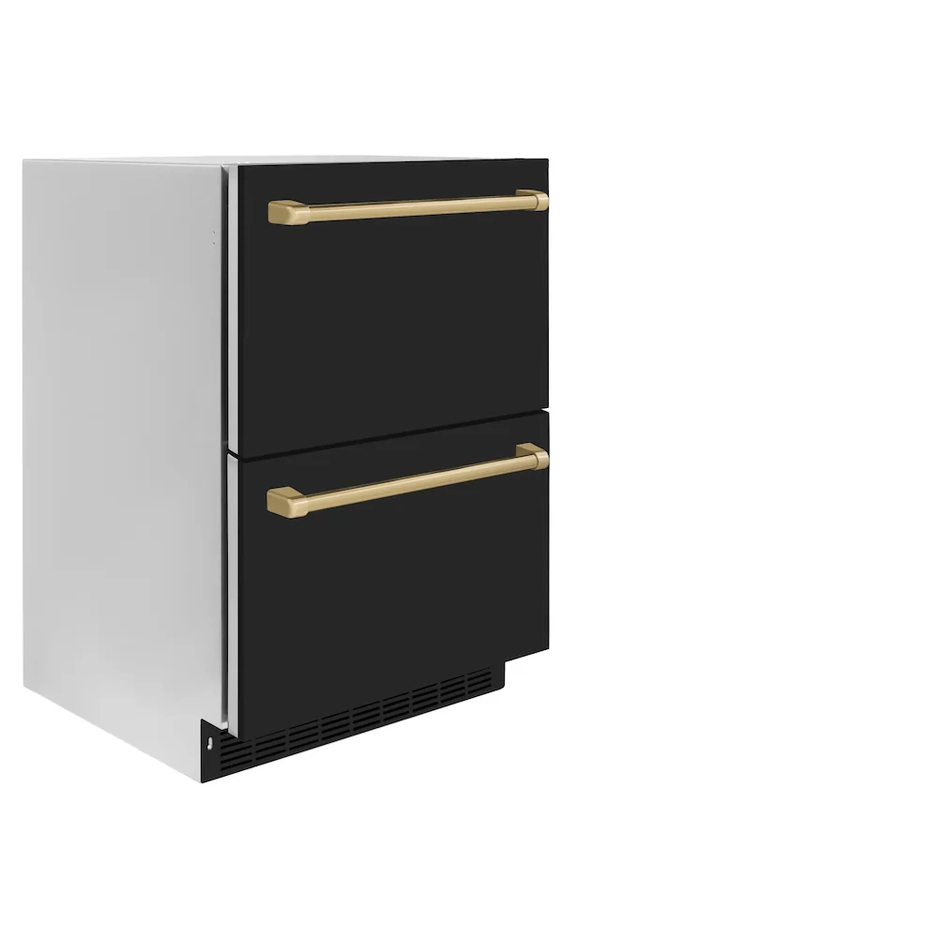 Black refrigerator drawer front with two champagne bronze bar handles and side vent