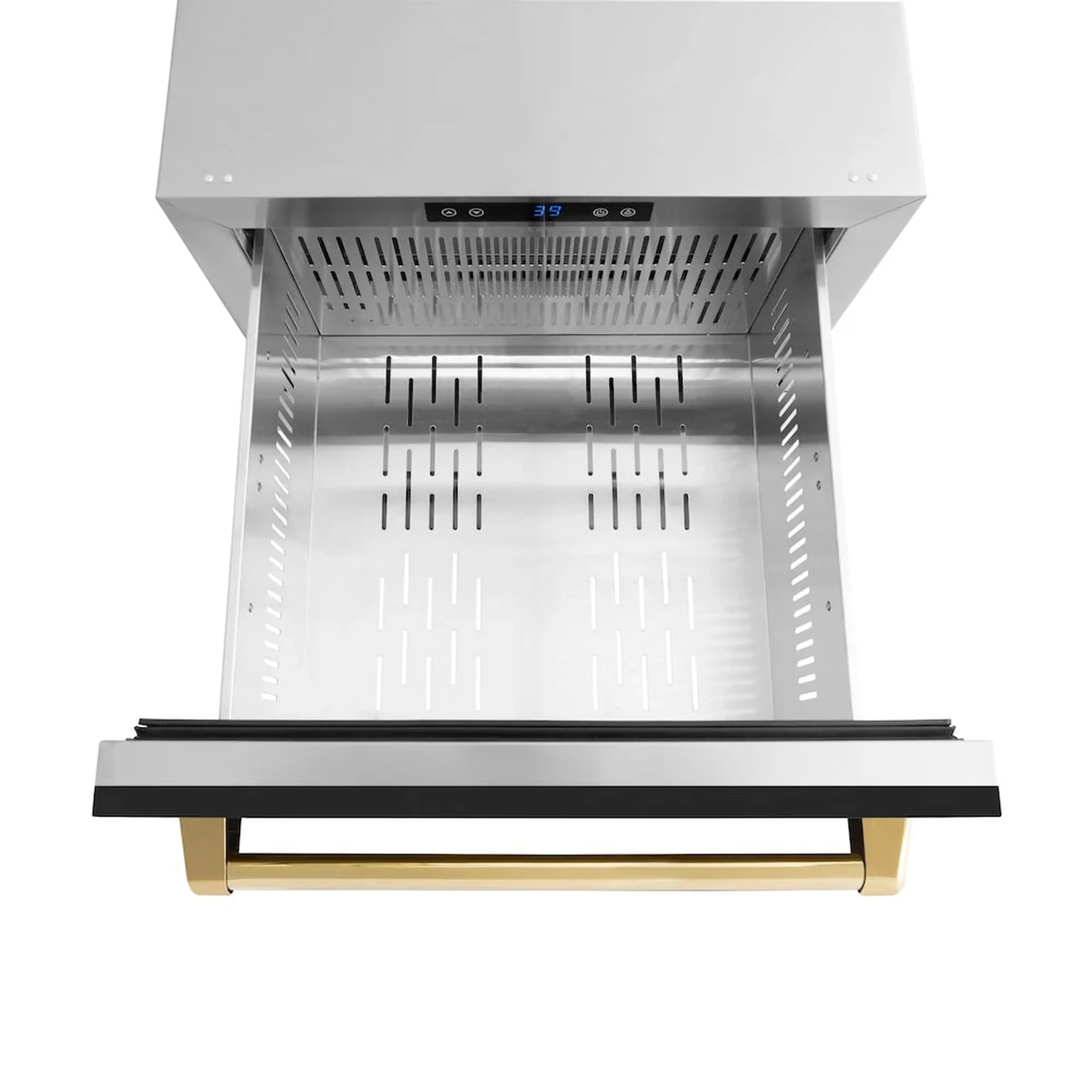 Refrigerator drawer interior with open stainless tray and vented back panel