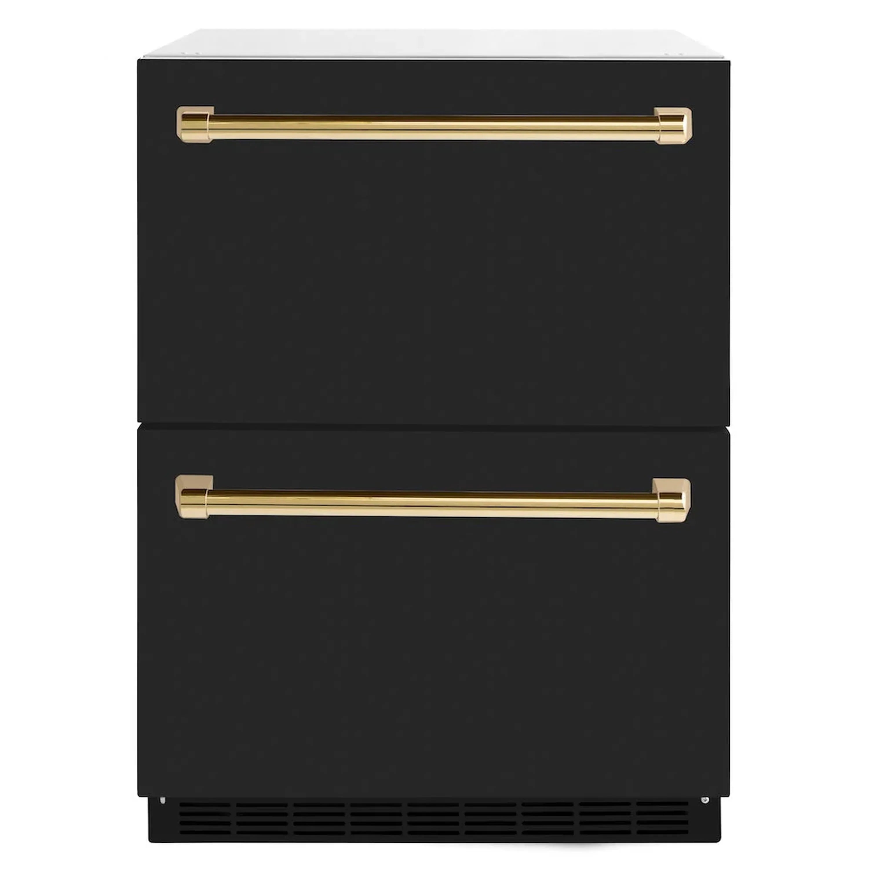 Black matte 24-inch refrigerator drawer with two gold bar handles and lower vent grille