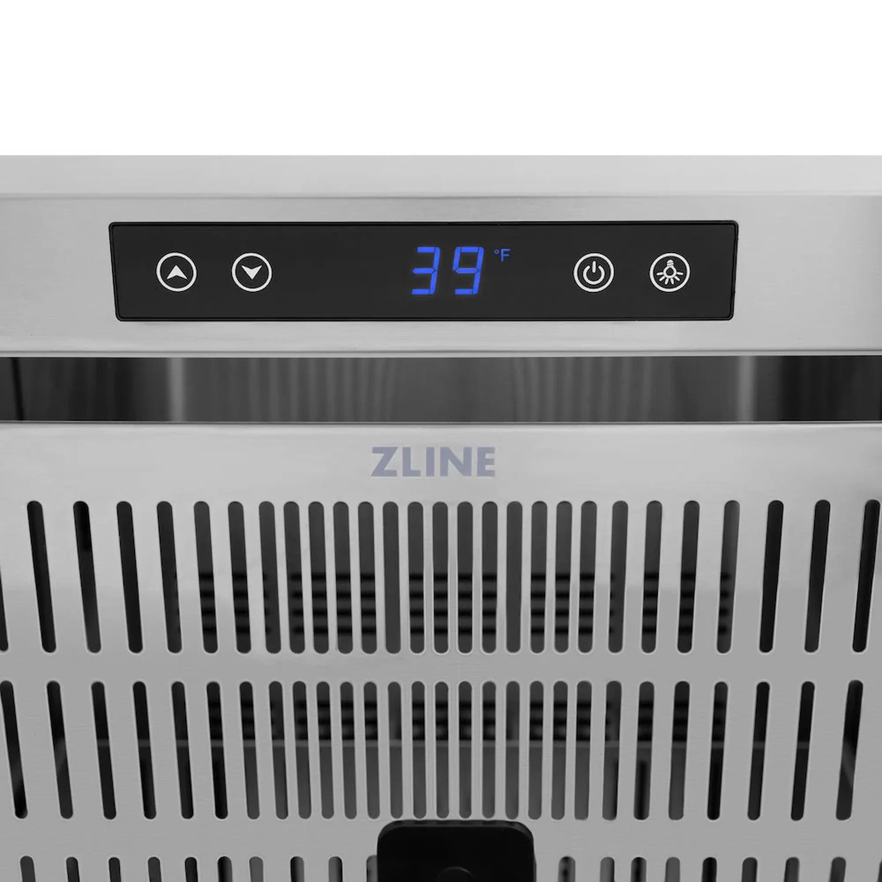 Front control panel with digital 39°F display on stainless refrigerator drawer