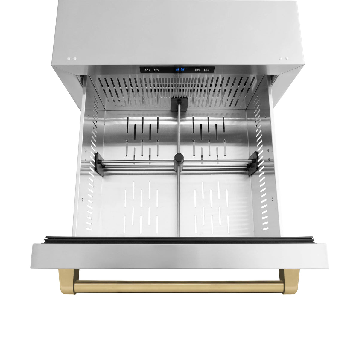 Open refrigerator drawer with empty shelves and interior rail system
