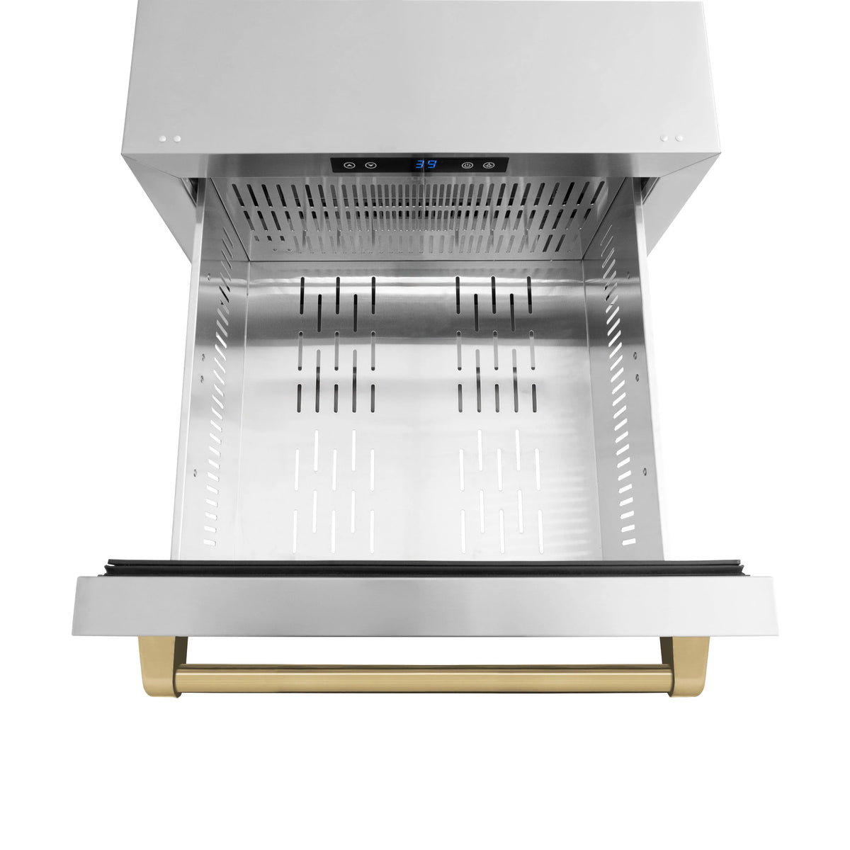 Open refrigerator drawer showing interior vents and pull-out tray with bronze handle