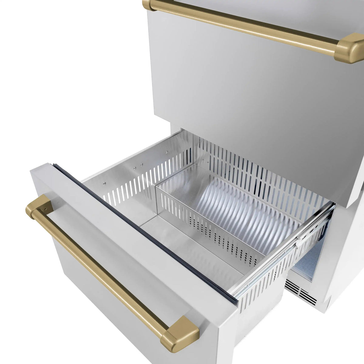 Refrigerator drawer interior with stainless rack and champagne bronze handles