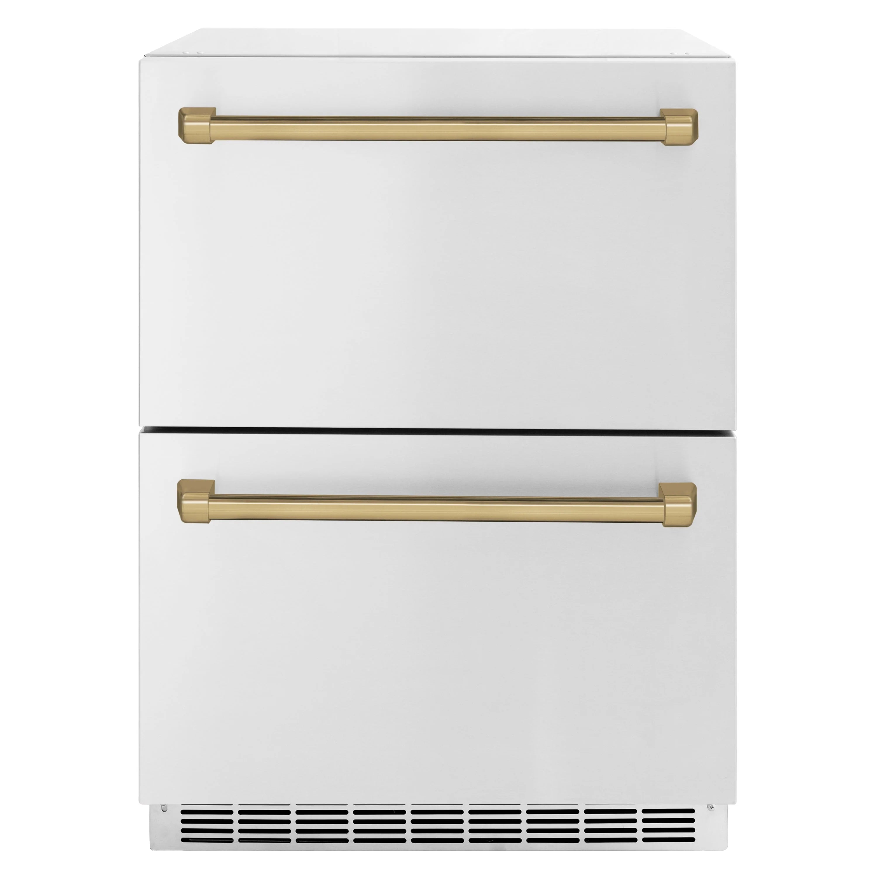 Closed white refrigerator drawer with two champagne bronze bar handles and front vents