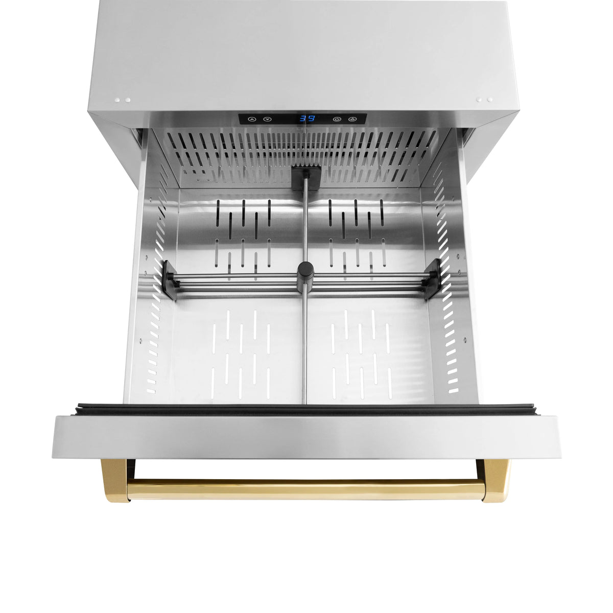 Outdoor dual refrigerator drawer, open stainless interior with gold handle trim