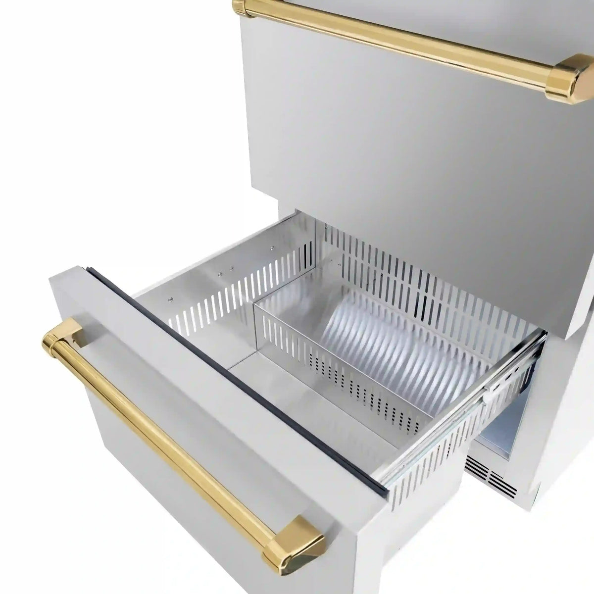 Open dual refrigerator drawer with pull-out wire basket and polished gold handles