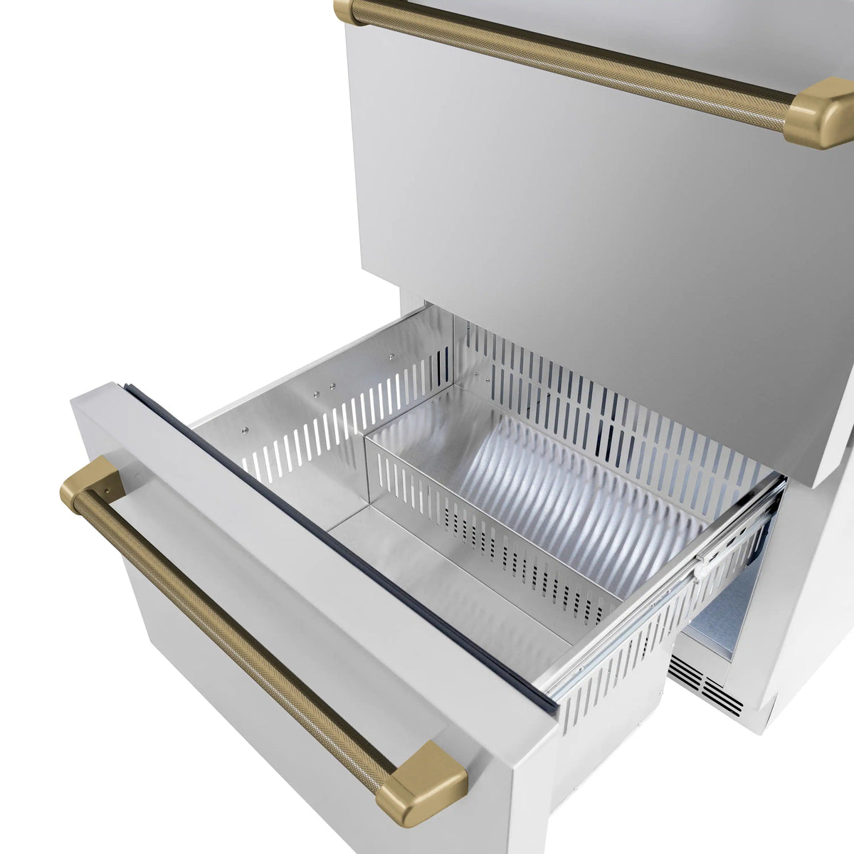 Stainless steel refrigerator drawer with pull-out basket, bronze bar handles, and black rail.