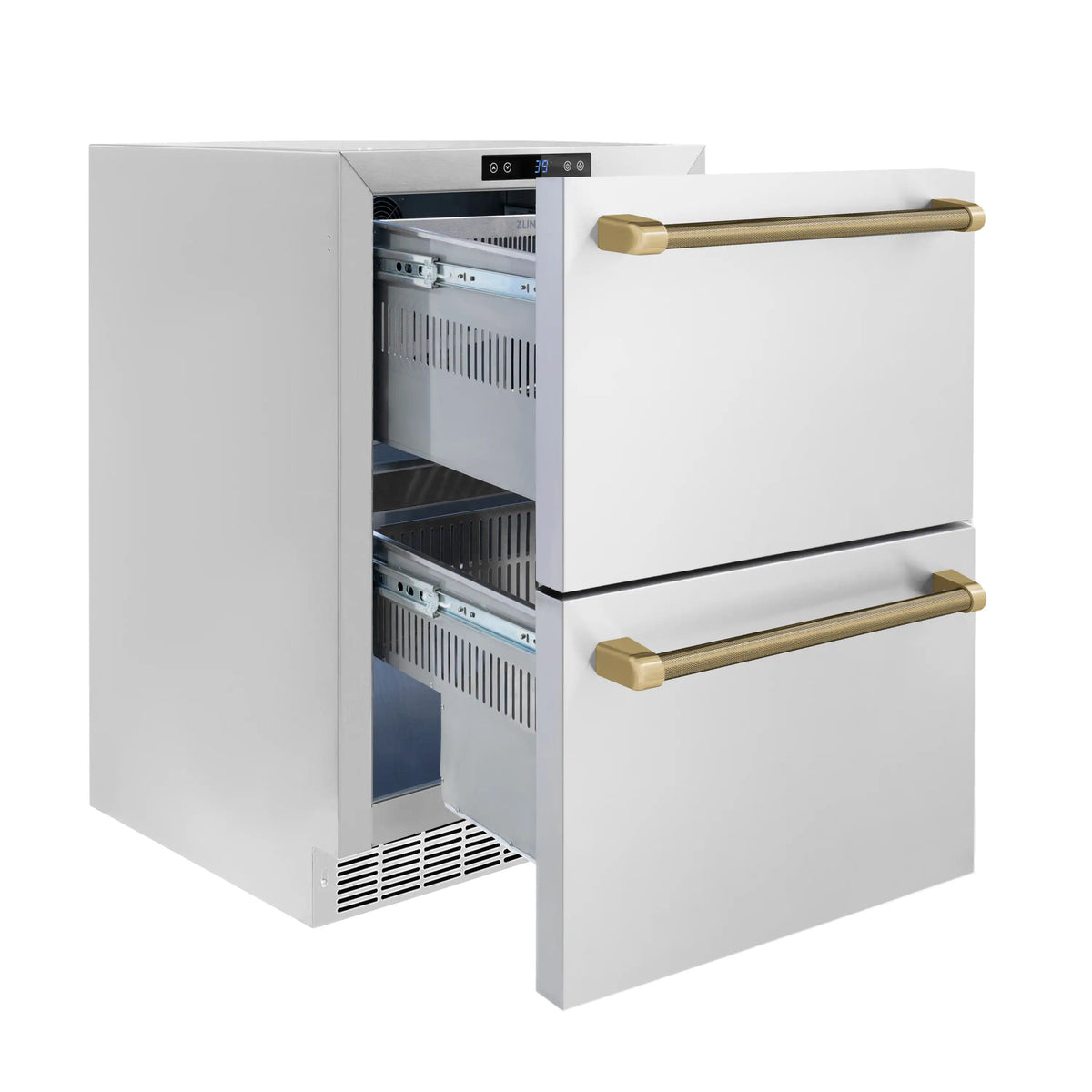 Refrigerator drawer with two stacked compartments and bronze bar handles.