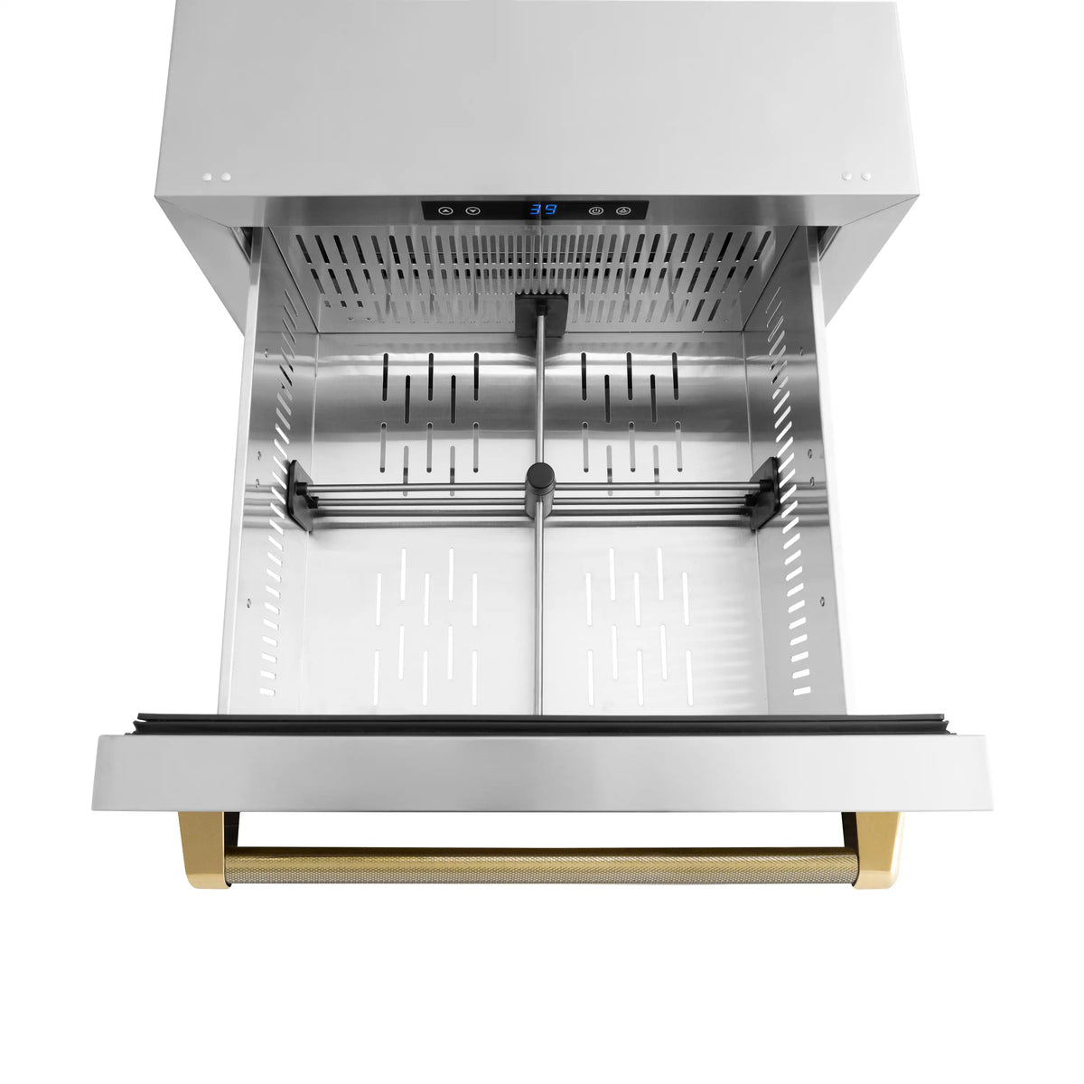 Open steel refrigerator drawer with interior rack and control buttons at top