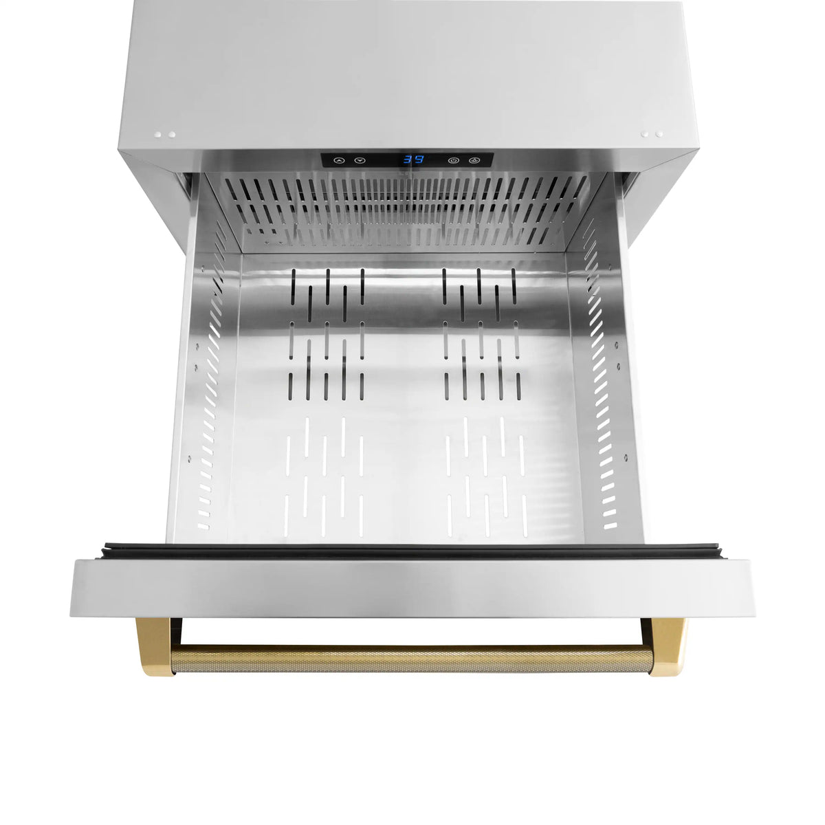 Open steel refrigerator drawer with interior shelves and gold trim pull rail