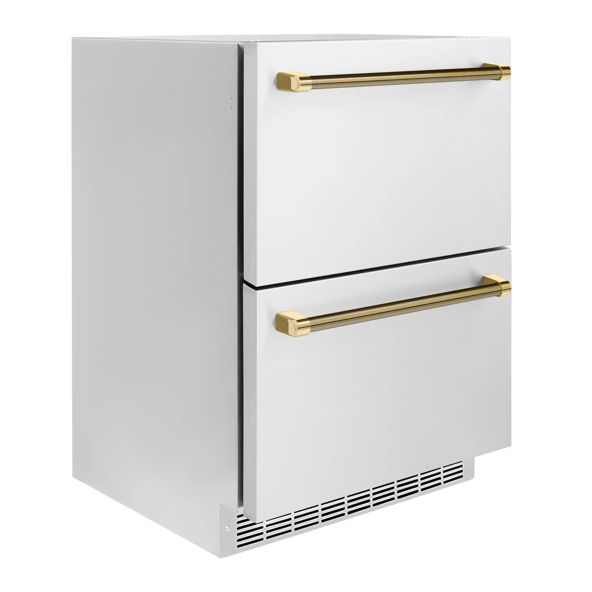 Refrigerator drawer with two gold bar handles and vented bottom front