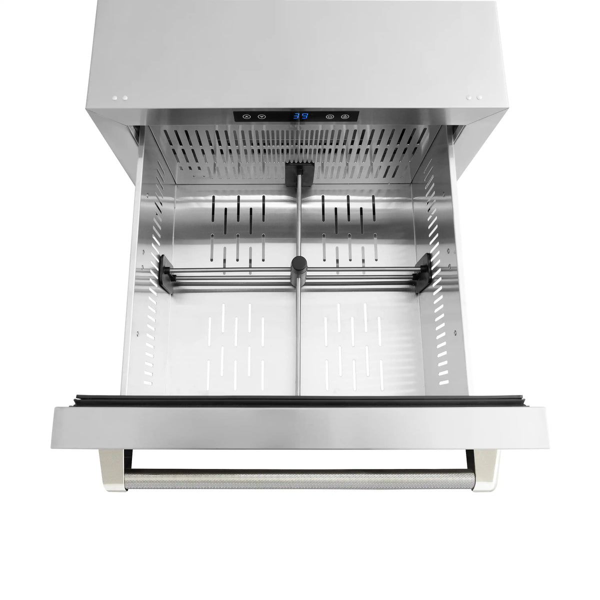 Refrigerator drawer interior with vented metal walls and sliding rack supports