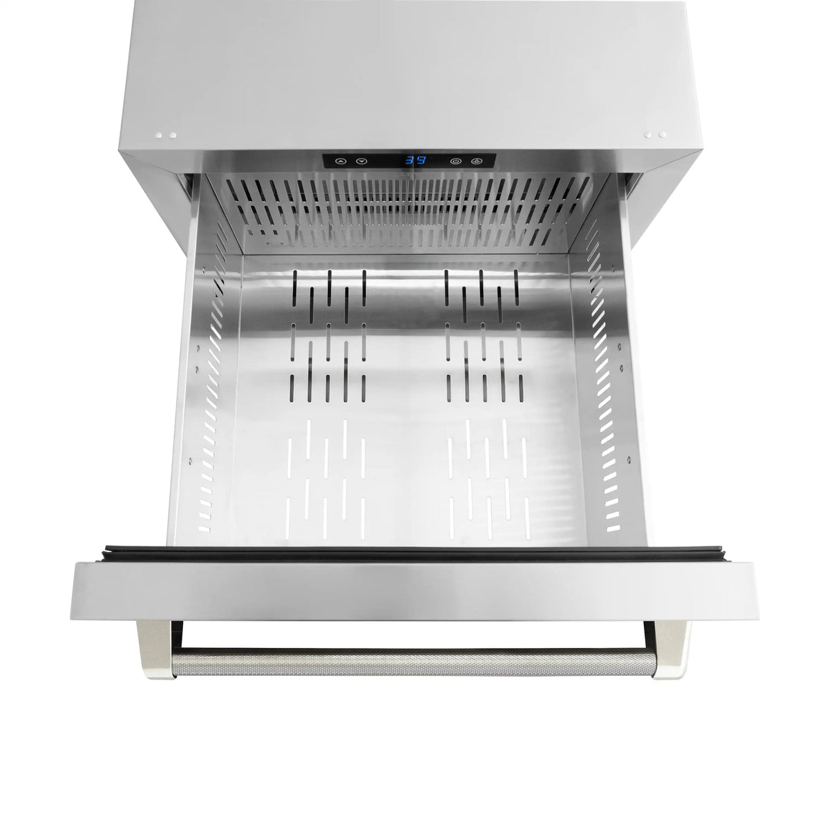 Refrigerator drawer interior with vented tray base and centered divider rails