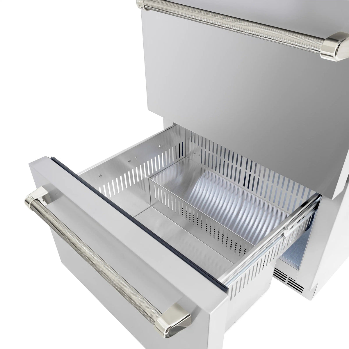 Open refrigerator drawer with perforated metal basket and two stainless handle bars