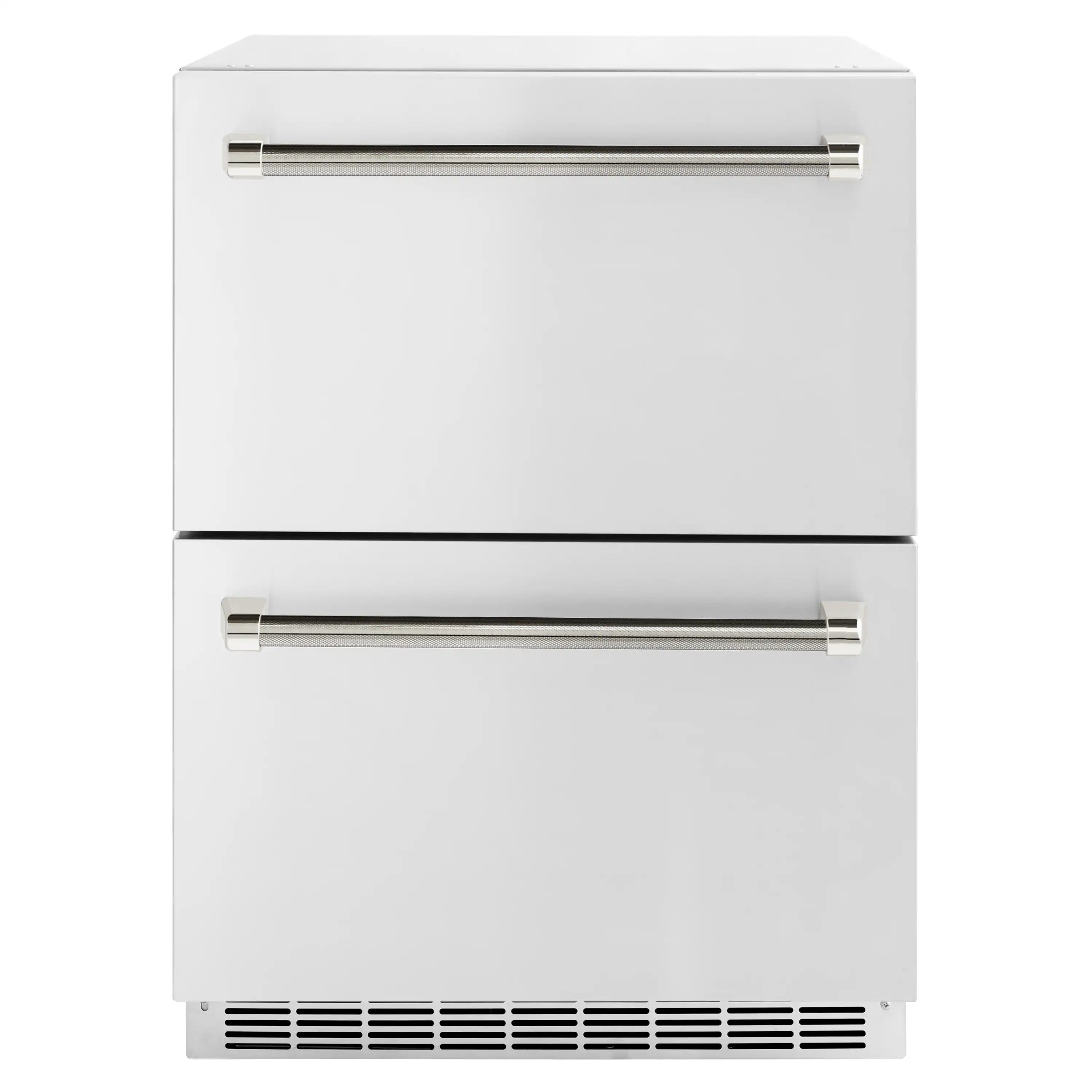 White refrigerator drawer with two horizontal chrome handles and vented base