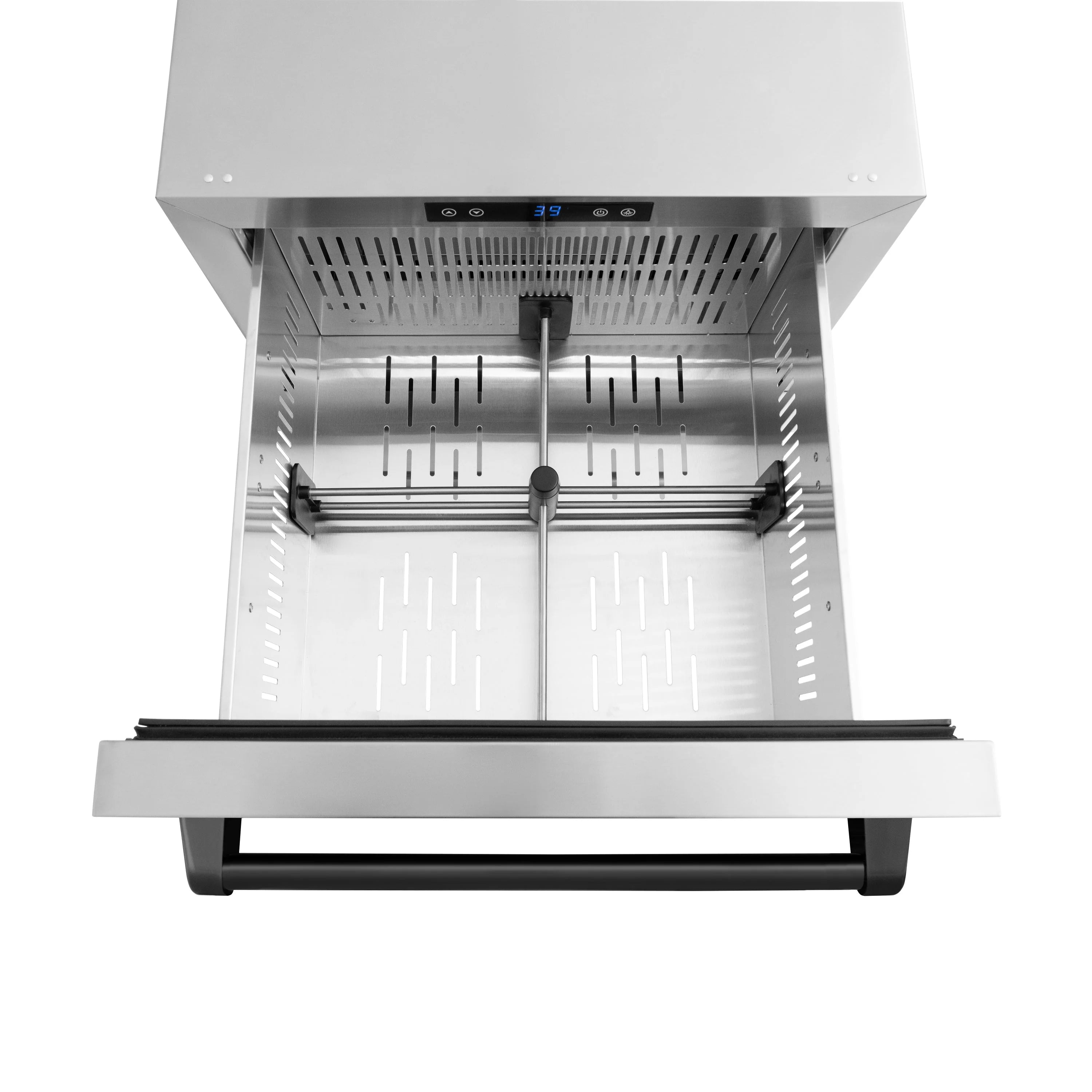 Refrigerator drawer interior with metal racks, vents, and open door
