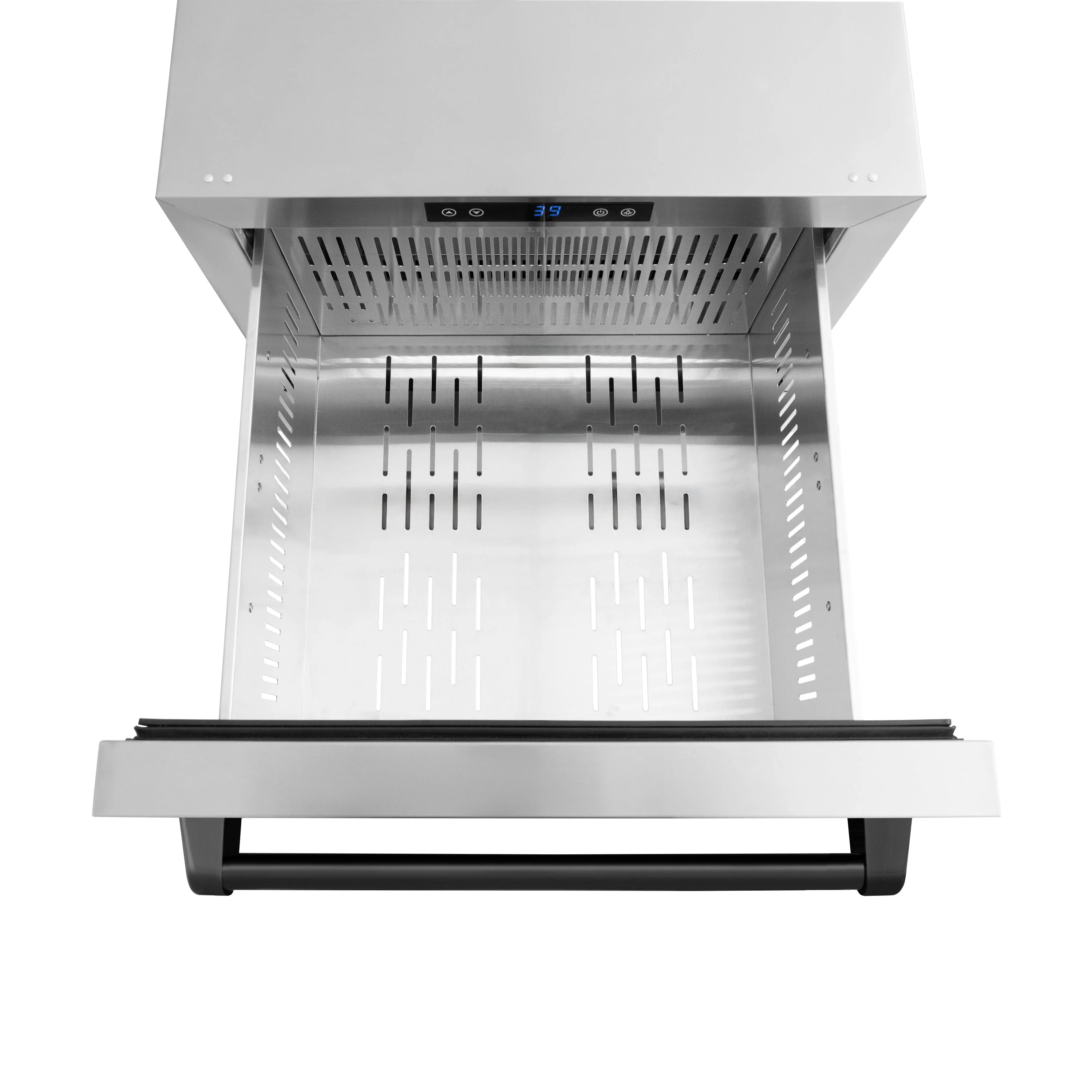 Open refrigerator drawer interior with vented metal cavity and pull-out grille