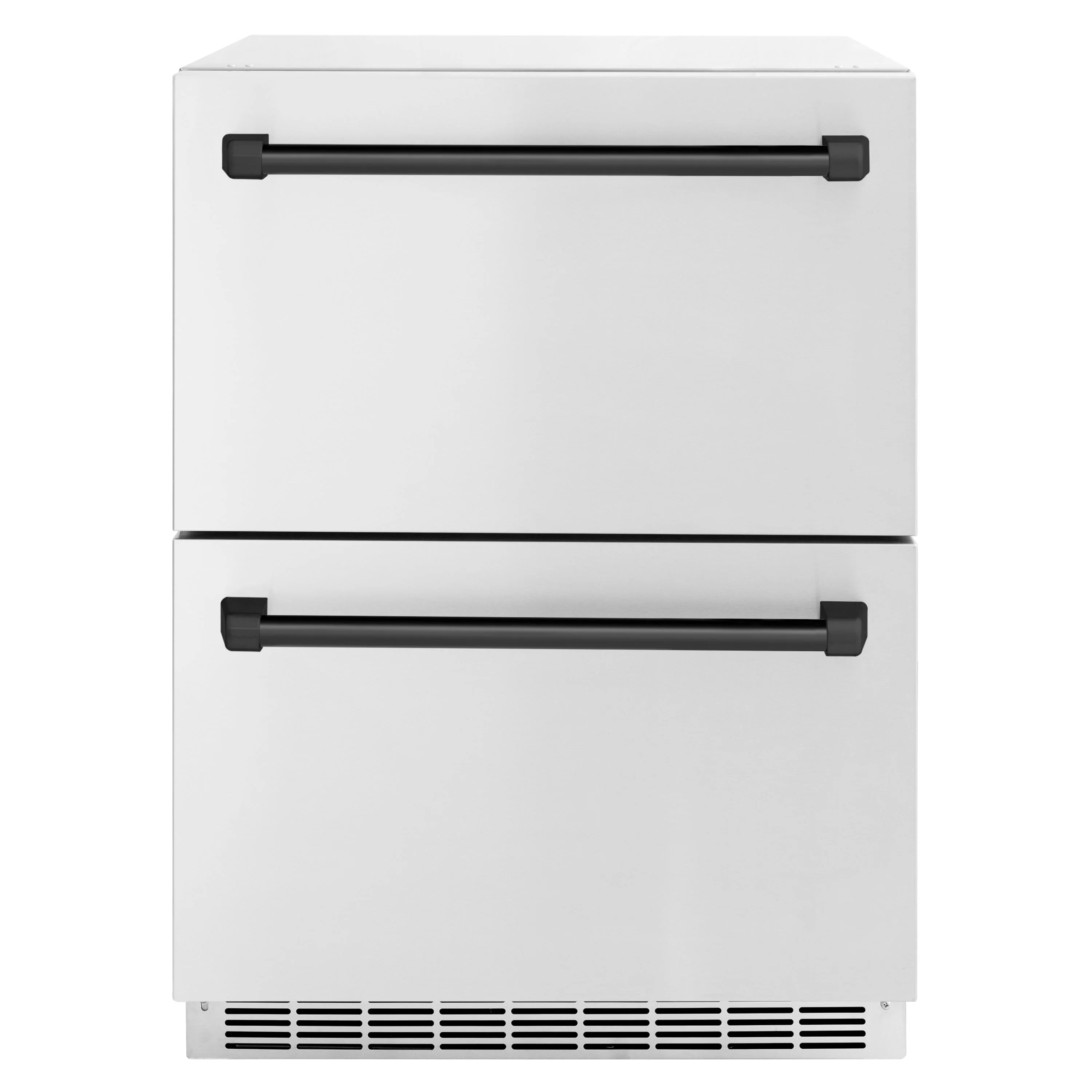 Outdoor dual refrigerator drawer with two drawers, matte black bar handles, lower vent grille